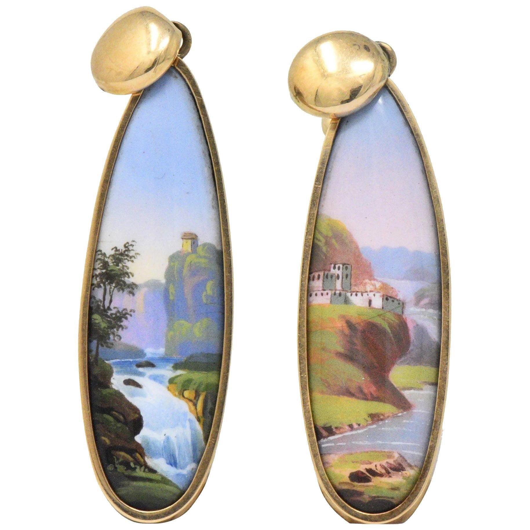 Victorian Swiss Enamel Painted Porcelain 14 Karat Gold Drop Earrings Wilson's Estate Jewelry