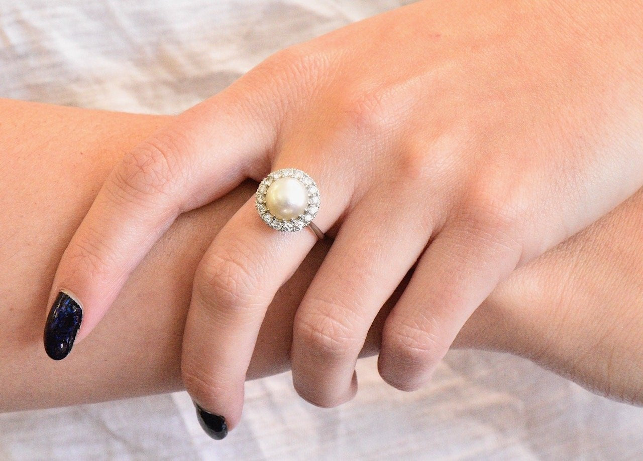 Vintage 1960’s 0.50 CTW Diamond Cultured Pearl Platinum Ring Wilson's Estate Jewelry