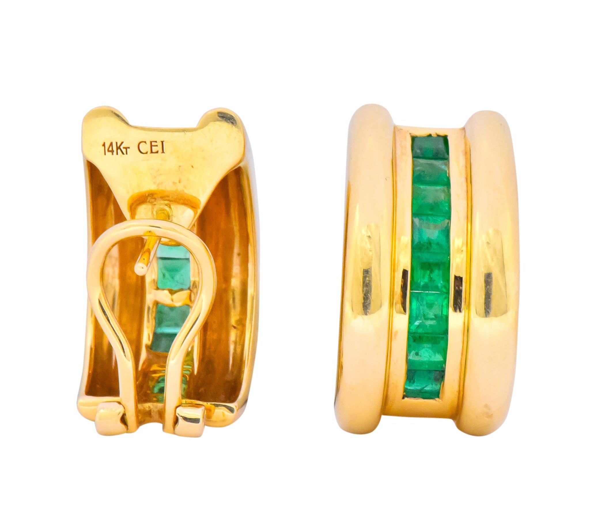 Vintage 2.40 CTW Emerald 14 Karat Yellow Gold J Hoop Earrings - Wilson's Estate Jewelry