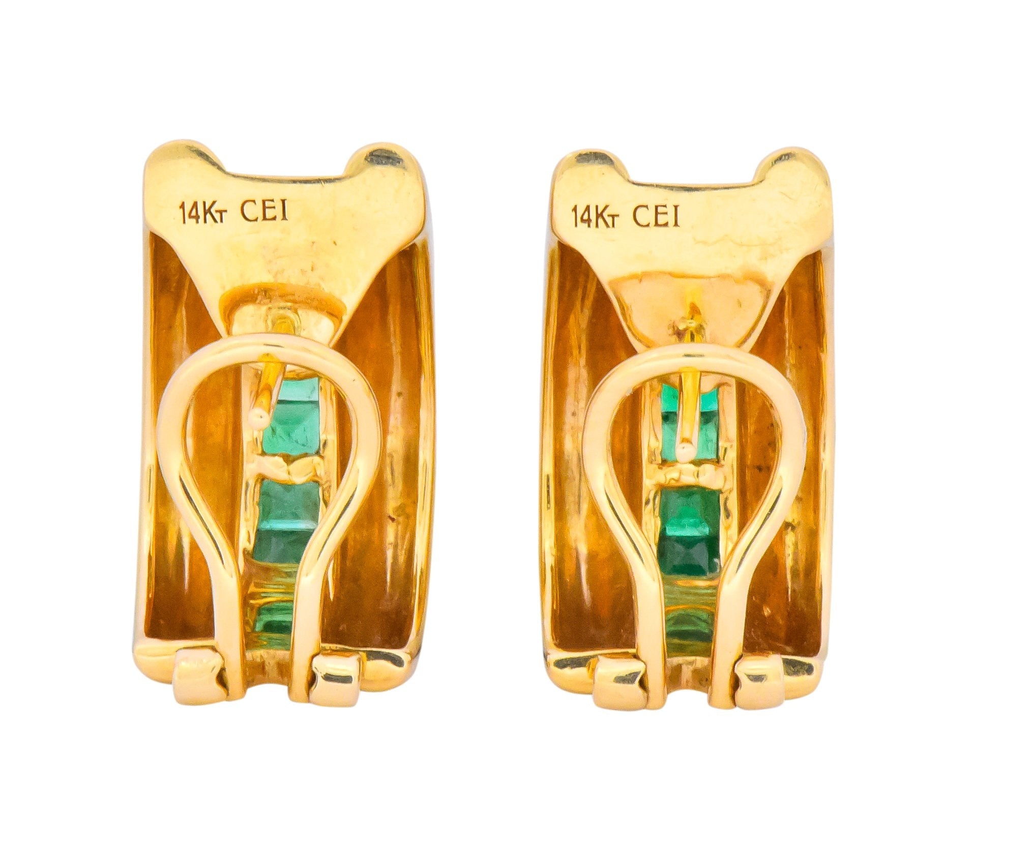 Vintage 2.40 CTW Emerald 14 Karat Yellow Gold J Hoop Earrings - Wilson's Estate Jewelry