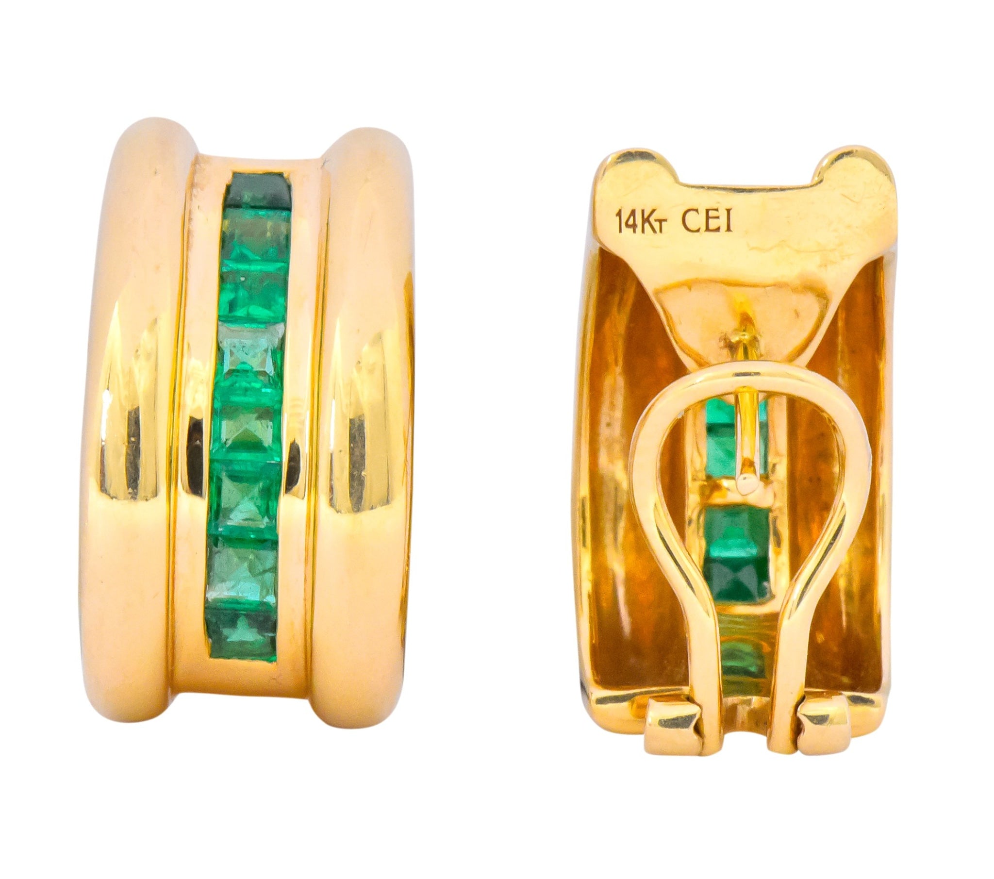 Vintage 2.40 CTW Emerald 14 Karat Yellow Gold J Hoop Earrings - Wilson's Estate Jewelry