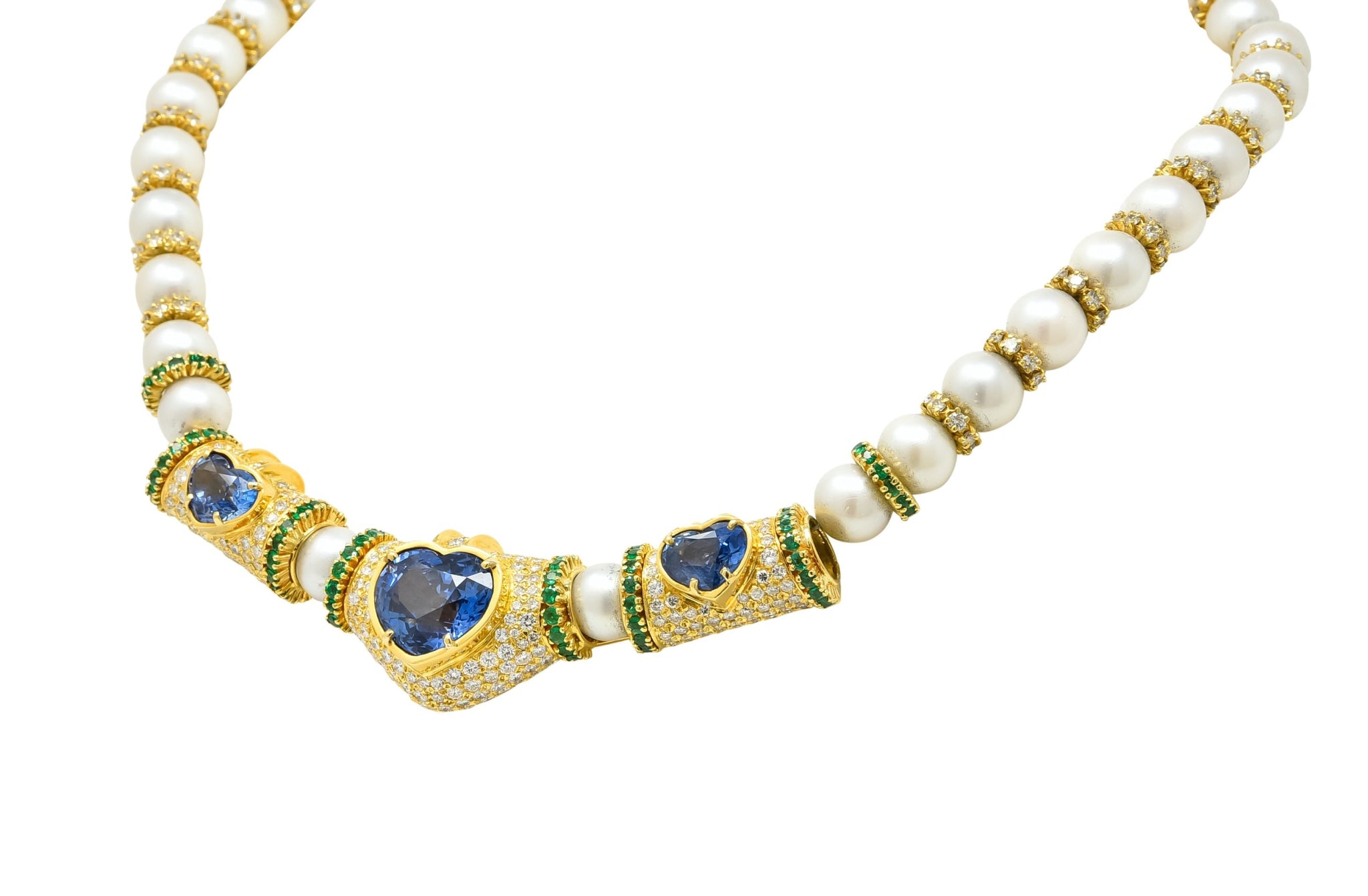 Vintage 35.50 CTW Sapphire Emerald Diamond Pearl 18 Karat Gold Heart Necklace - Wilson's Estate Jewelry