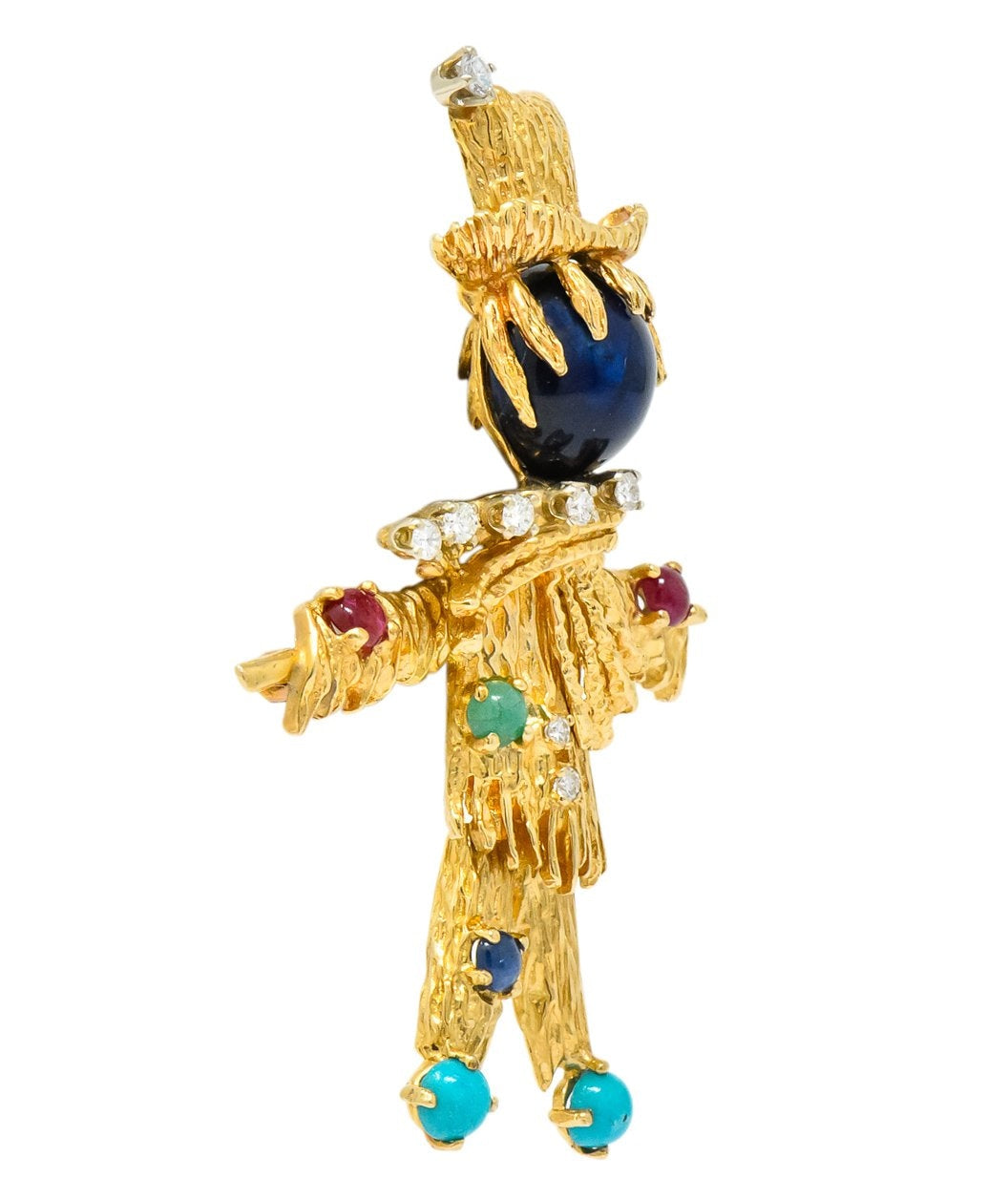 Vintage Diamond Sapphire Ruby Multi-Gem 14 Karat Gold Scarecrow Brooch - Wilson's Estate Jewelry