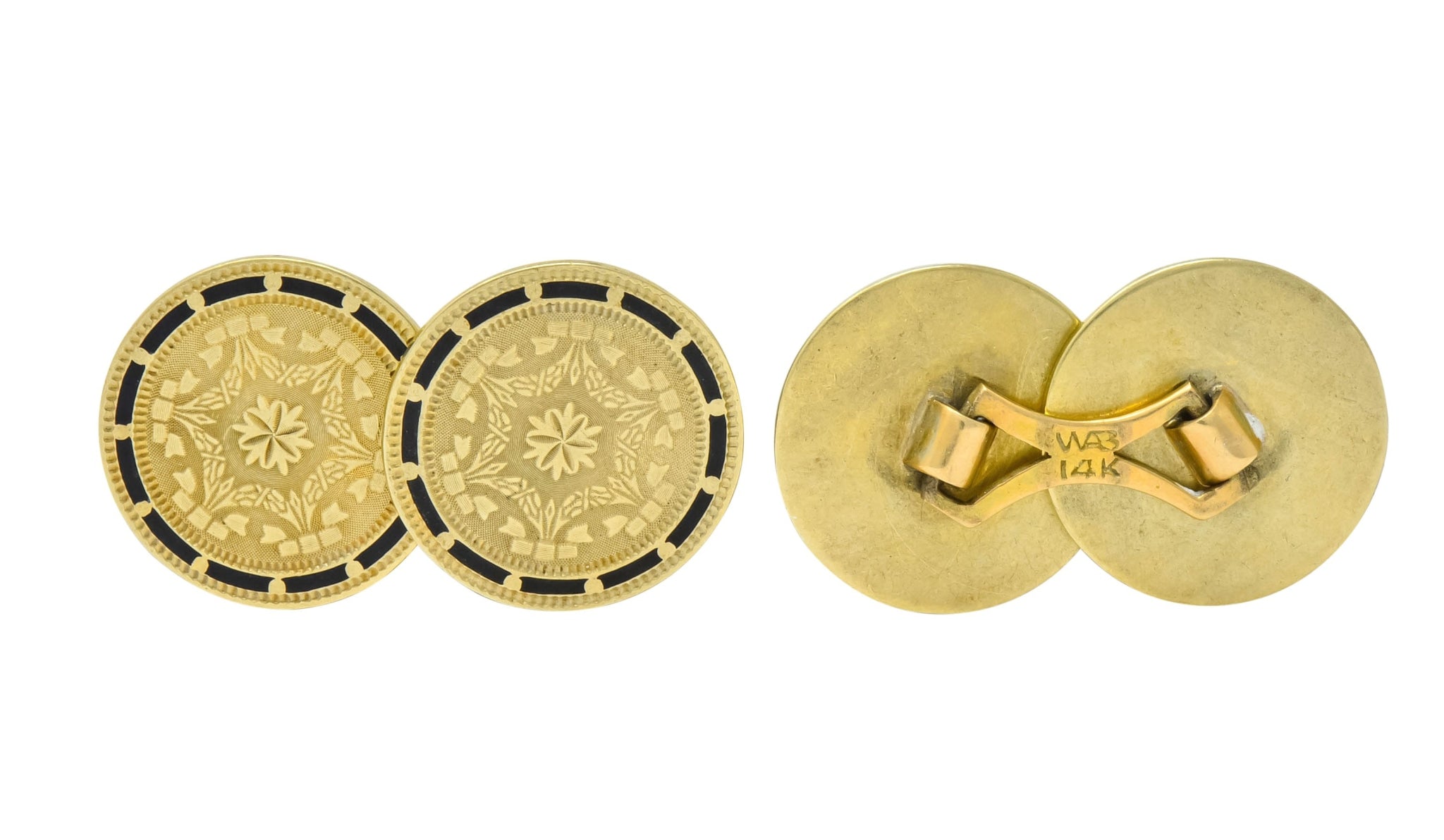 Wordley, Allsop & Bliss Enamel 14 Karat Gold Disk Men's Deco Cufflinks - Wilson's Estate Jewelry