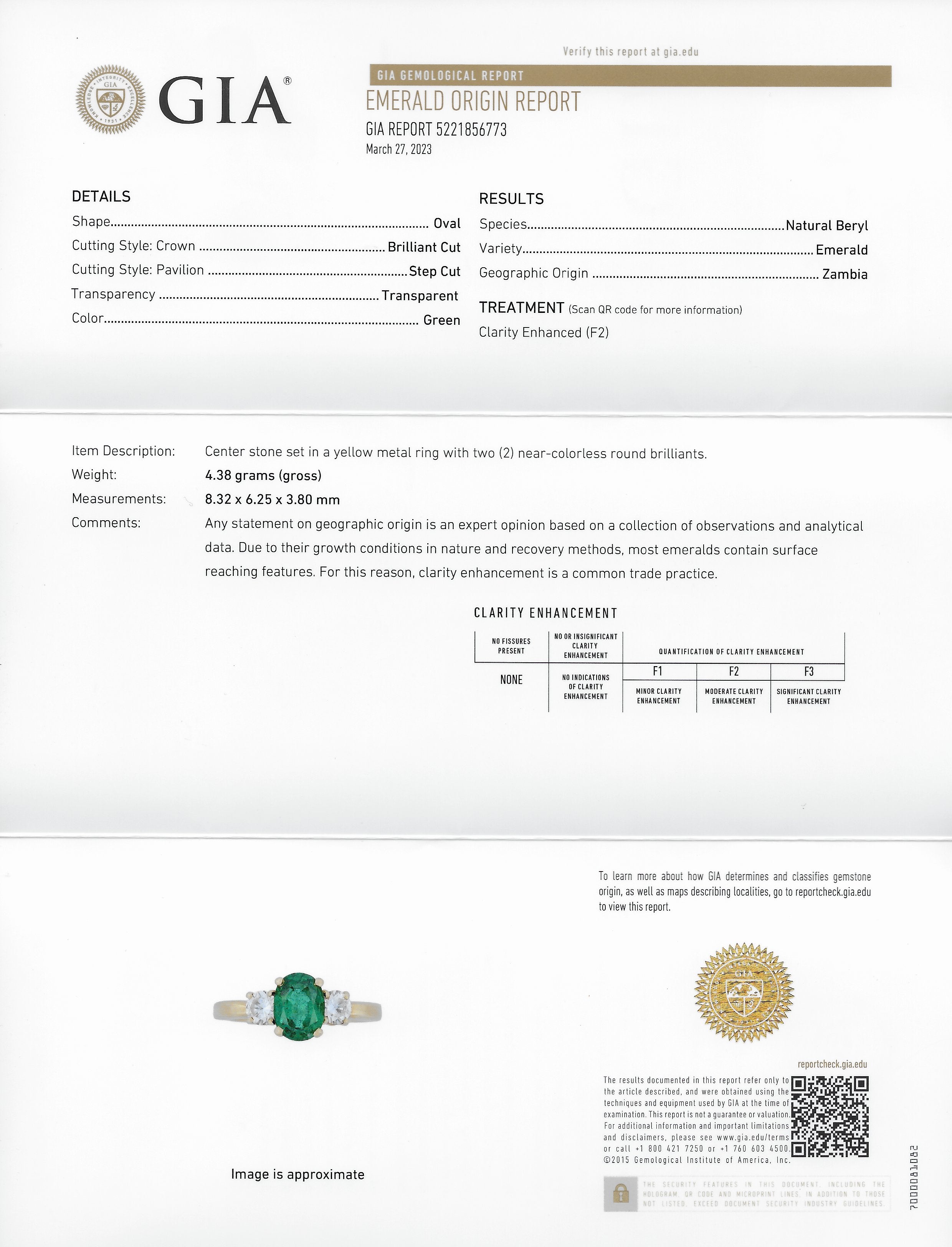 1990's 1.60 CTW Oval Cut Zambian Emerald Diamond 18 Karat Yellow Gold Vintage Three Stone GIA Wilson's Estate Jewelry