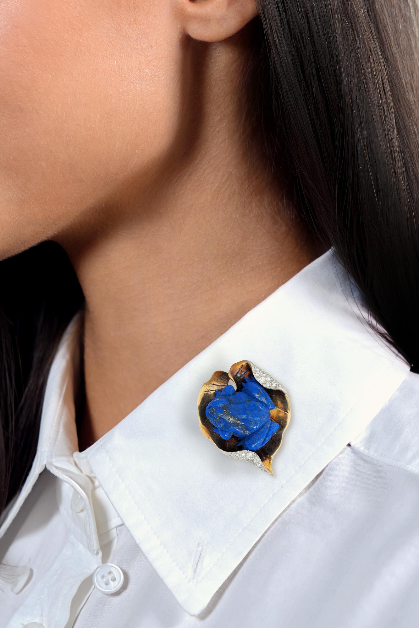 Verdura 1950's Carved Lapis Lazuli Diamond Platinum 18 Karat Yellow Gold Vintage Frog On A Leaf Brooch