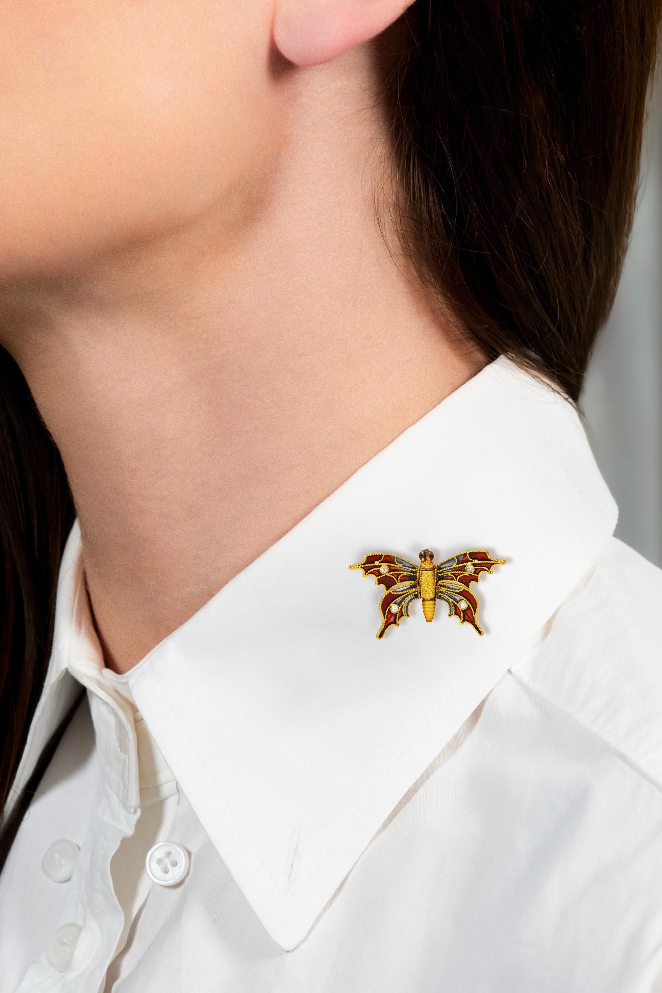 Art Nouveau Diamond Enamel 14 Karat Yellow Gold Antique Butterfly Clip Brooch