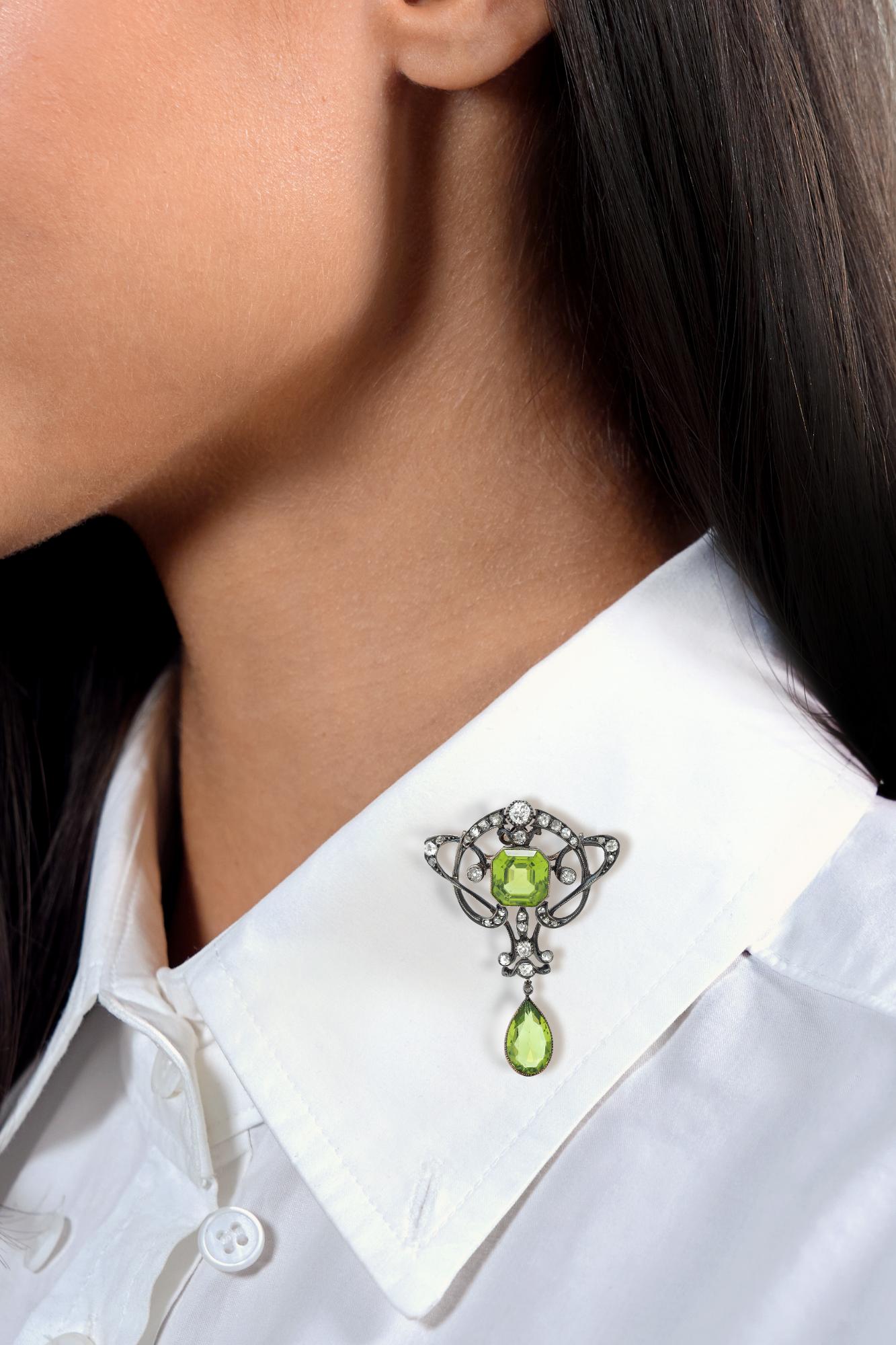 Art Nouveau Peridot Diamond 14K Gold Silver Antique Whiplash Pendant Brooch