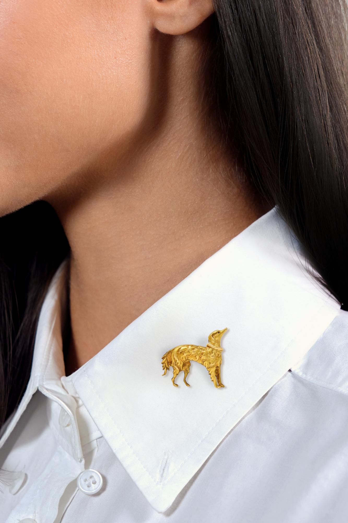 1960's Ruby 18 Karat Yellow Gold Vintage Setter Dog Brooch