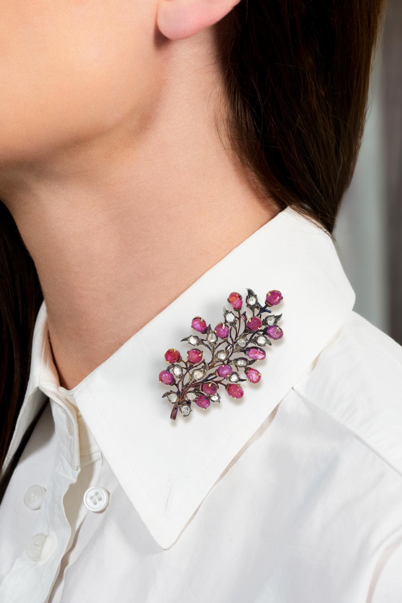 Buccellati Mid-Century Ruby Diamond 18K Gold Silver Vintage Foliate Brooch