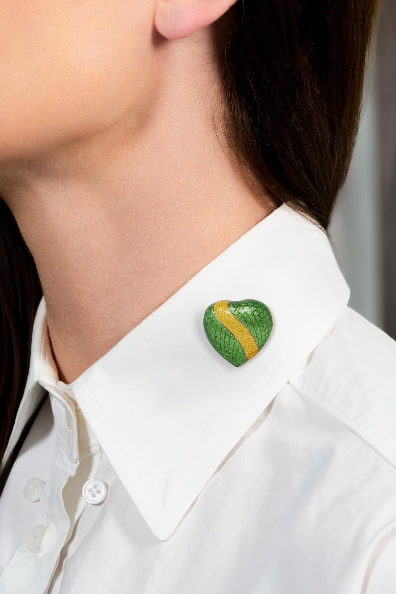 Tiffany & Co. 1960's Enamel 18 Karat Yellow Gold Vintage Striped Heart Brooch