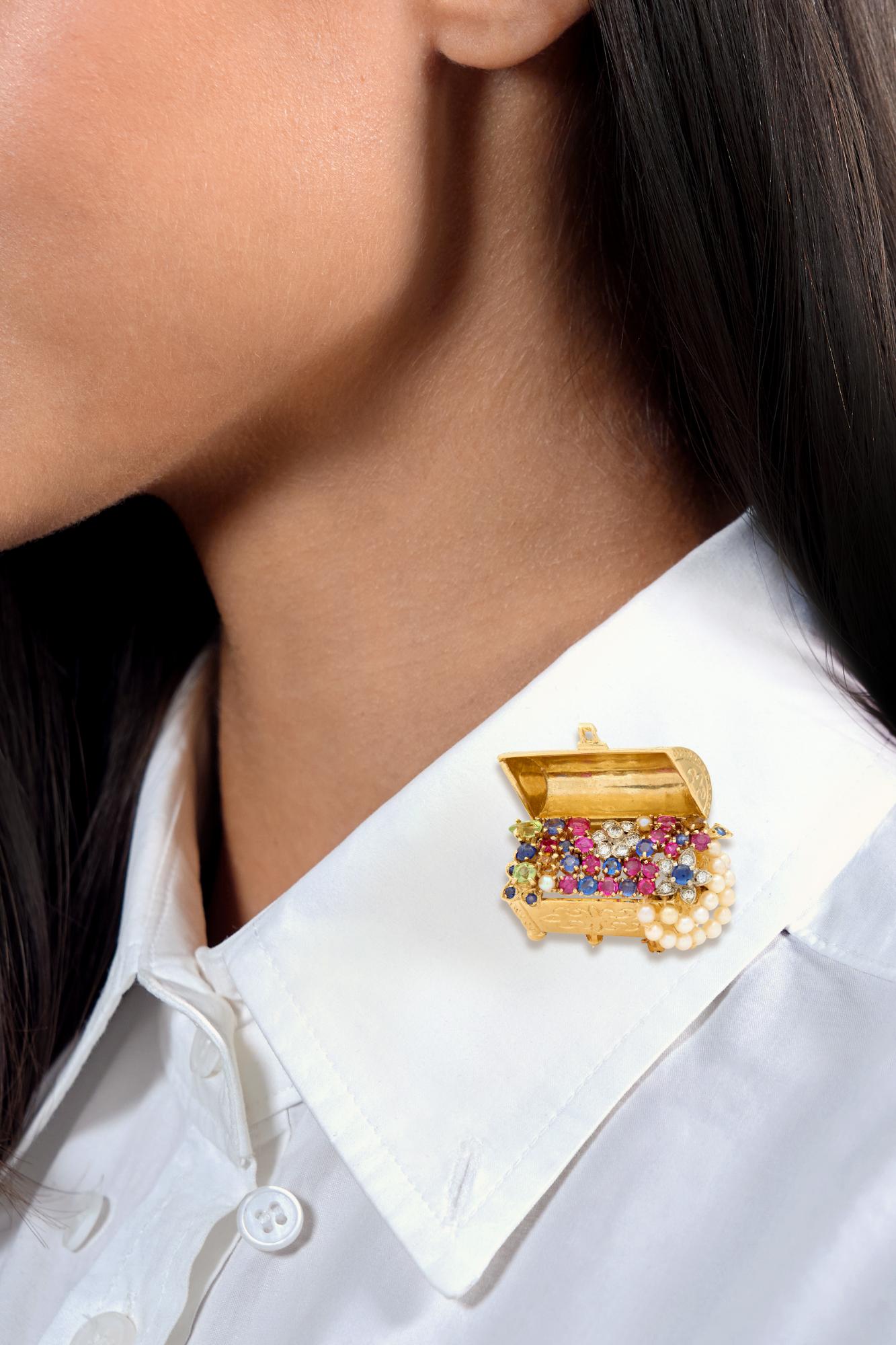 1960's Sapphire Multi-Gem Pearl 14K Gold Vintage Treasure Chest Brooch Pendant