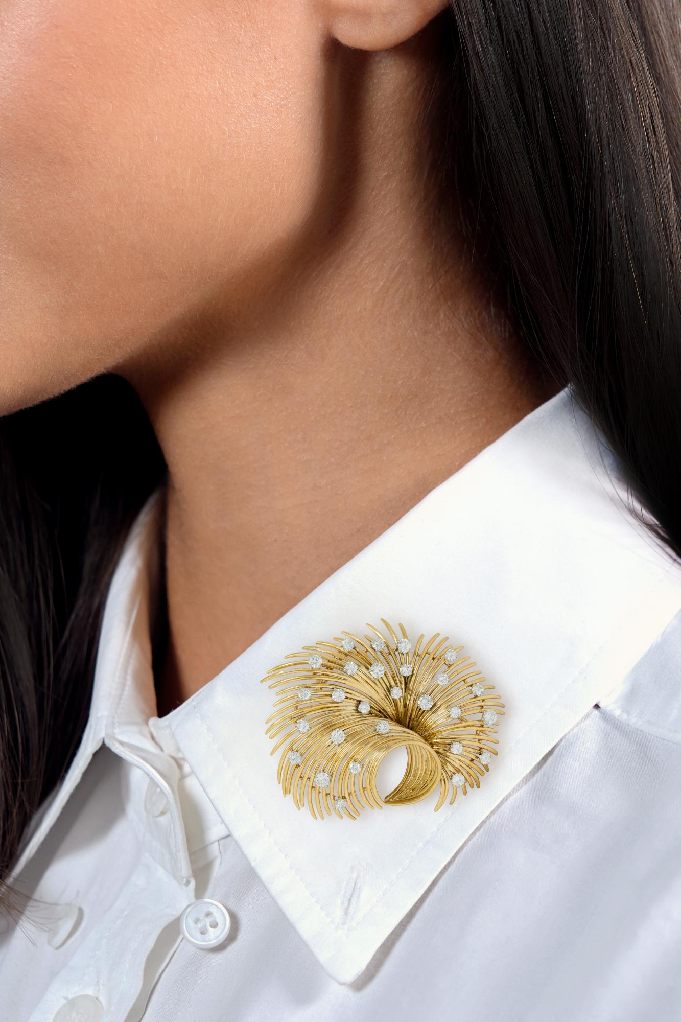 Bvlgari French 1950's Diamond Platinum 18K Gold Vintage Spray Brooch