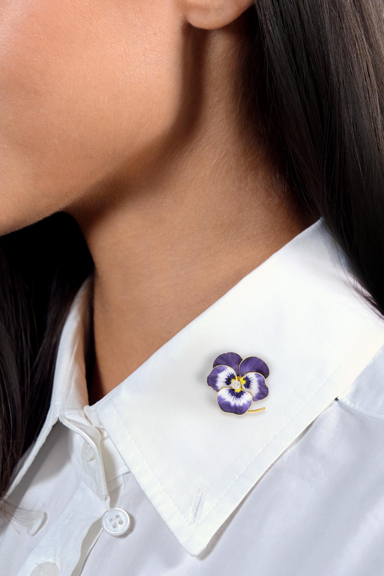 Art Nouveau Diamond Enamel 14K Yellow Gold Pansy Flower Antique Pendant Brooch