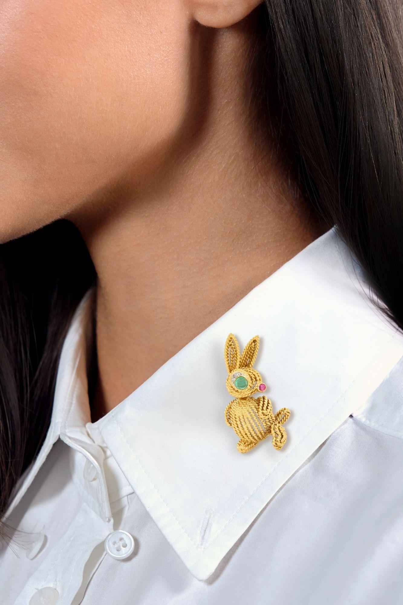 Van Cleef & Arpels Multi-Gem 18K Platinum Vintage Charming Animals Bunny Brooch