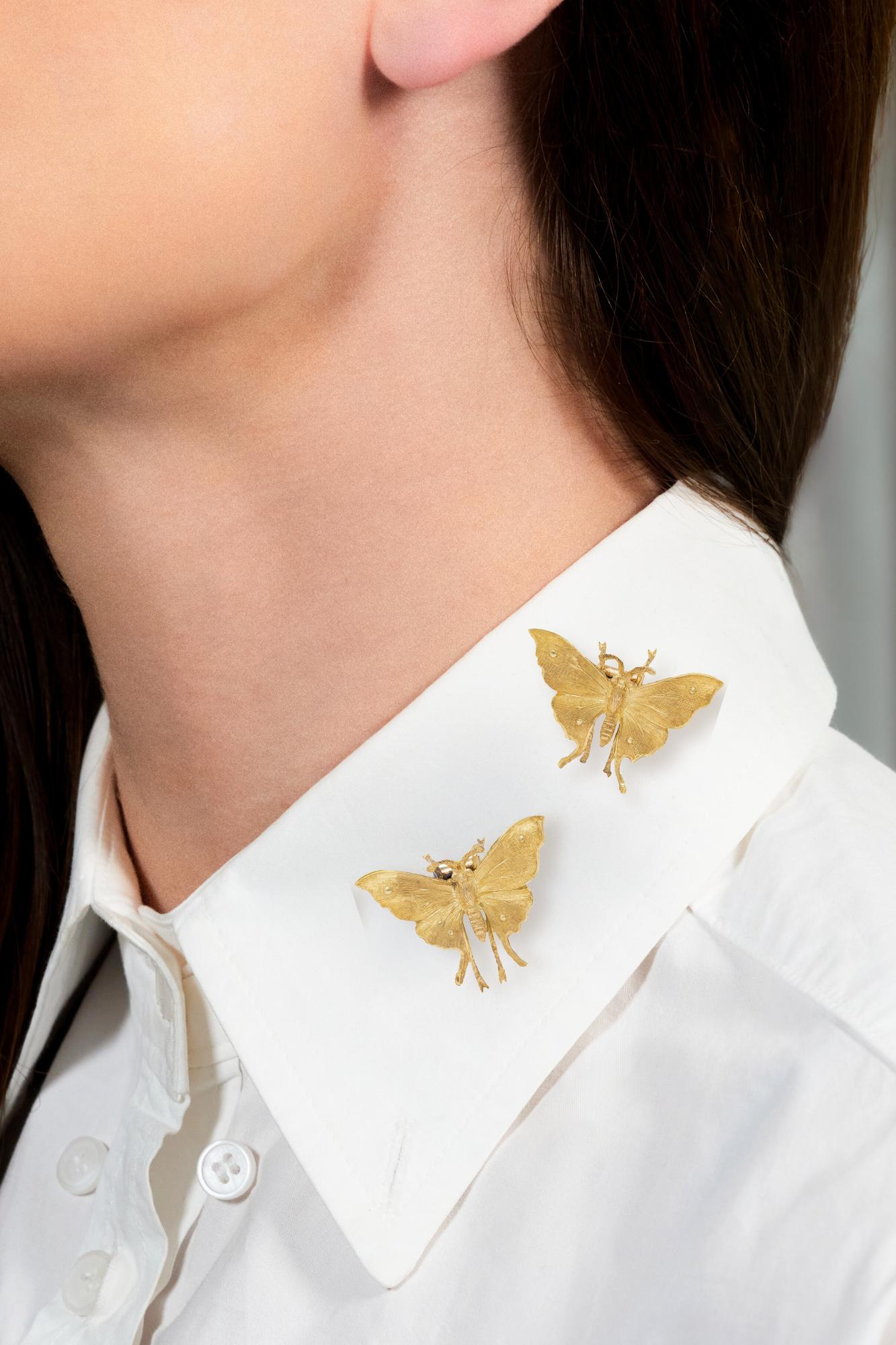 Mario Buccellati 1960's 18 Karat Yellow Gold Vintage Butterfly Brooch Clips