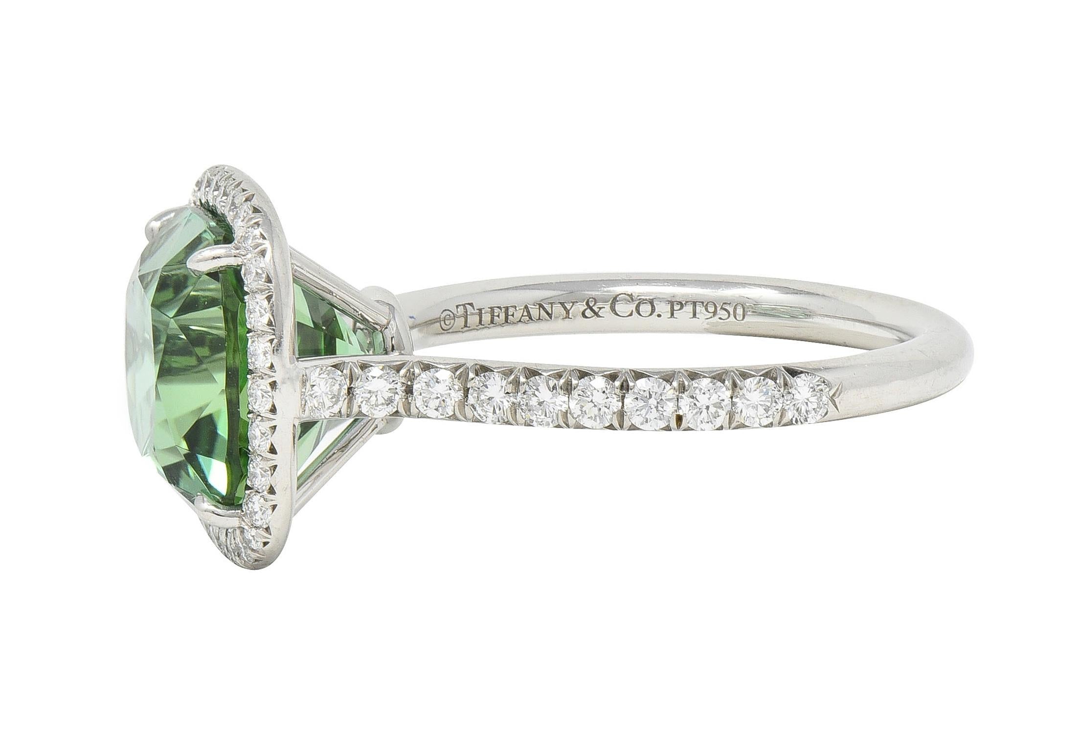 Tiffany & Co. 4.38 CTW Green Tourmaline Diamond Platinum Soleste Halo Ring