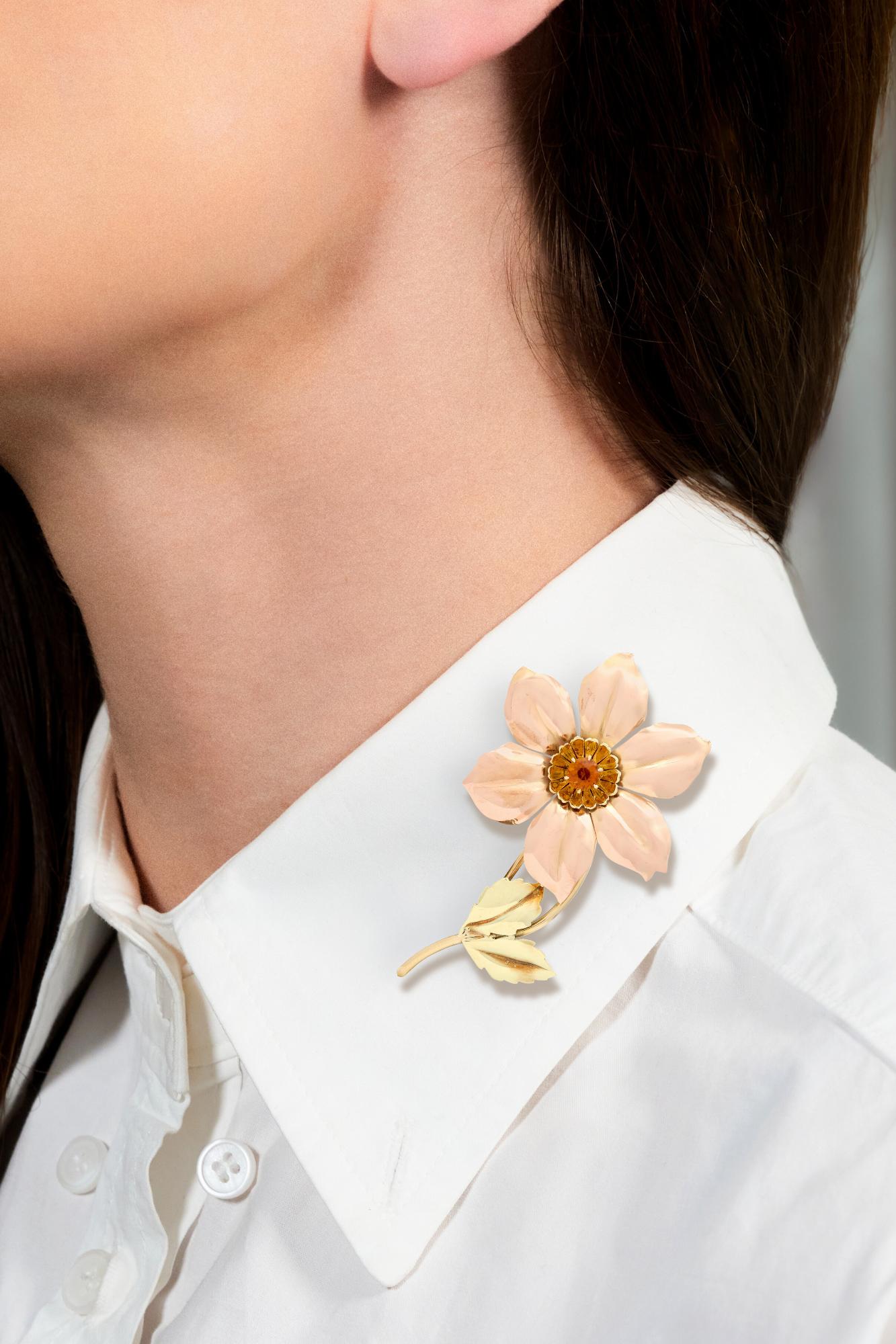 Tiffany & Co. Retro Citrine 14 Karat Two-Tone Gold Vintage Flower Brooch