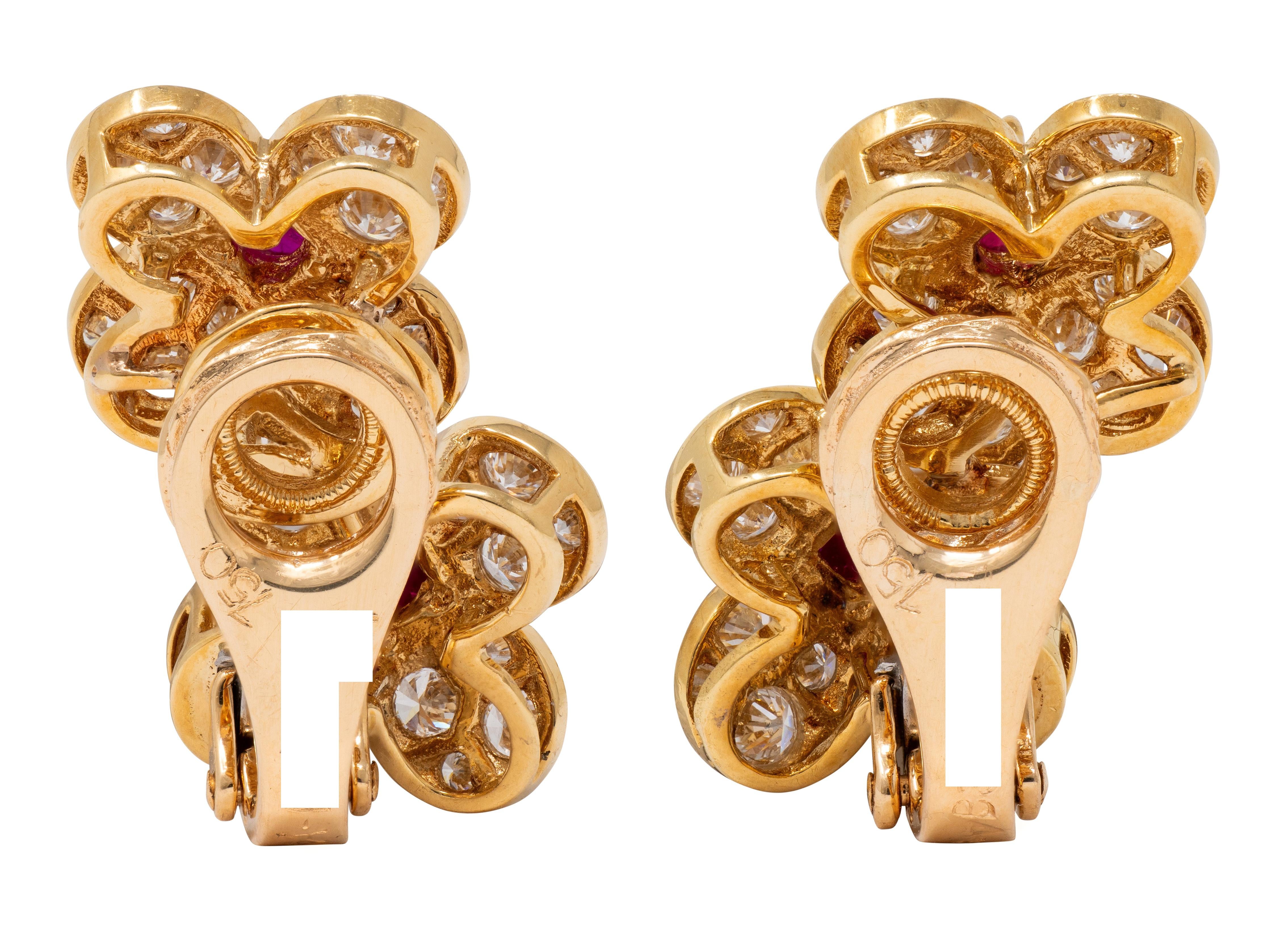 Van Cleef & Arpels French Diamond Ruby 18K Gold Vintage Trefle Ear-Clip Earrings