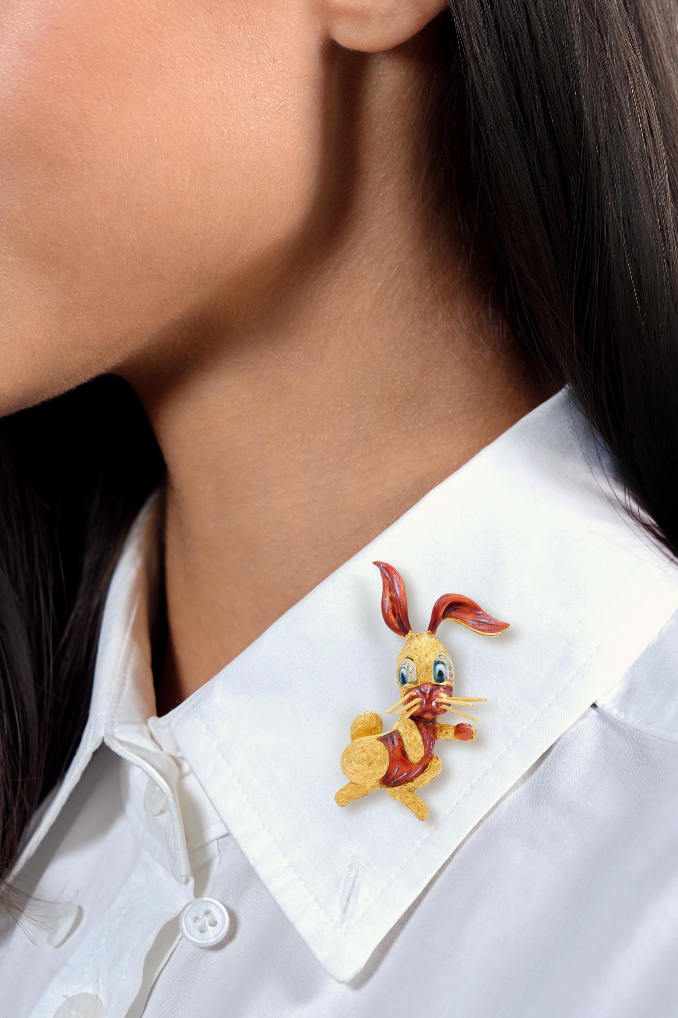 1960's Diamond Enamel 18 Karat Two-Tone Gold Vintage Cartoon Rabbit Brooch