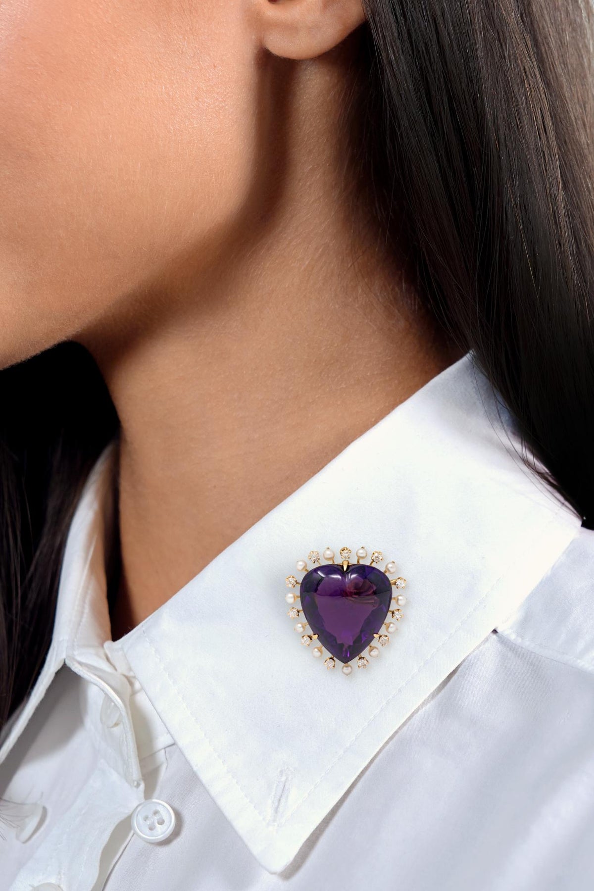 Victorian Amethyst Diamond Pearl 18K Gold Platinum Antique Heart Pendant Brooch