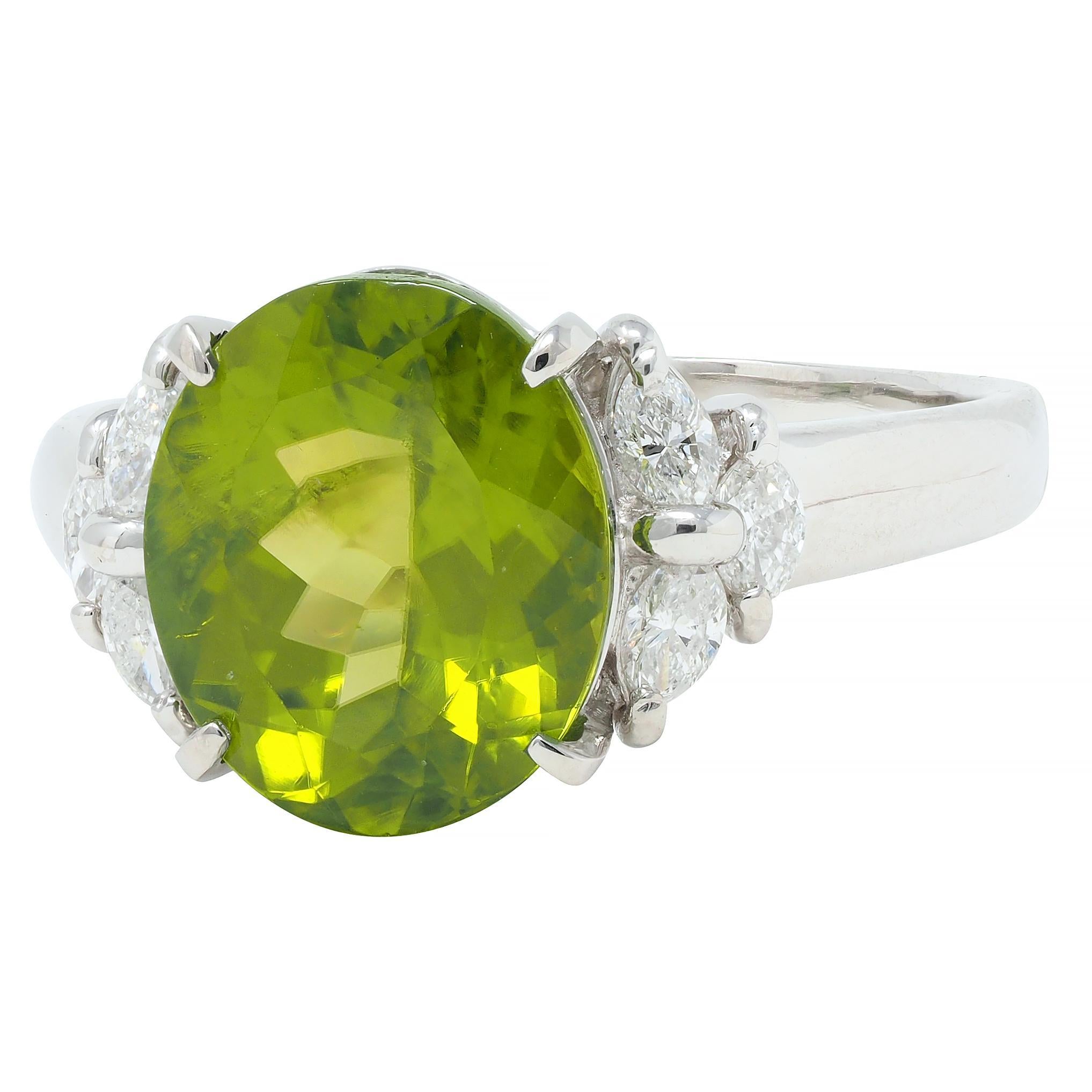 Contemporary 5.91 CTW Peridot Diamond Platinum Cluster Ring