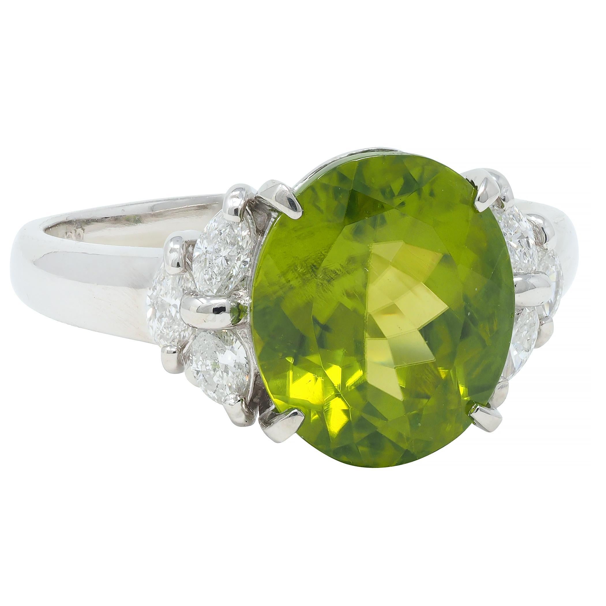 Contemporary 5.91 CTW Peridot Diamond Platinum Cluster Ring