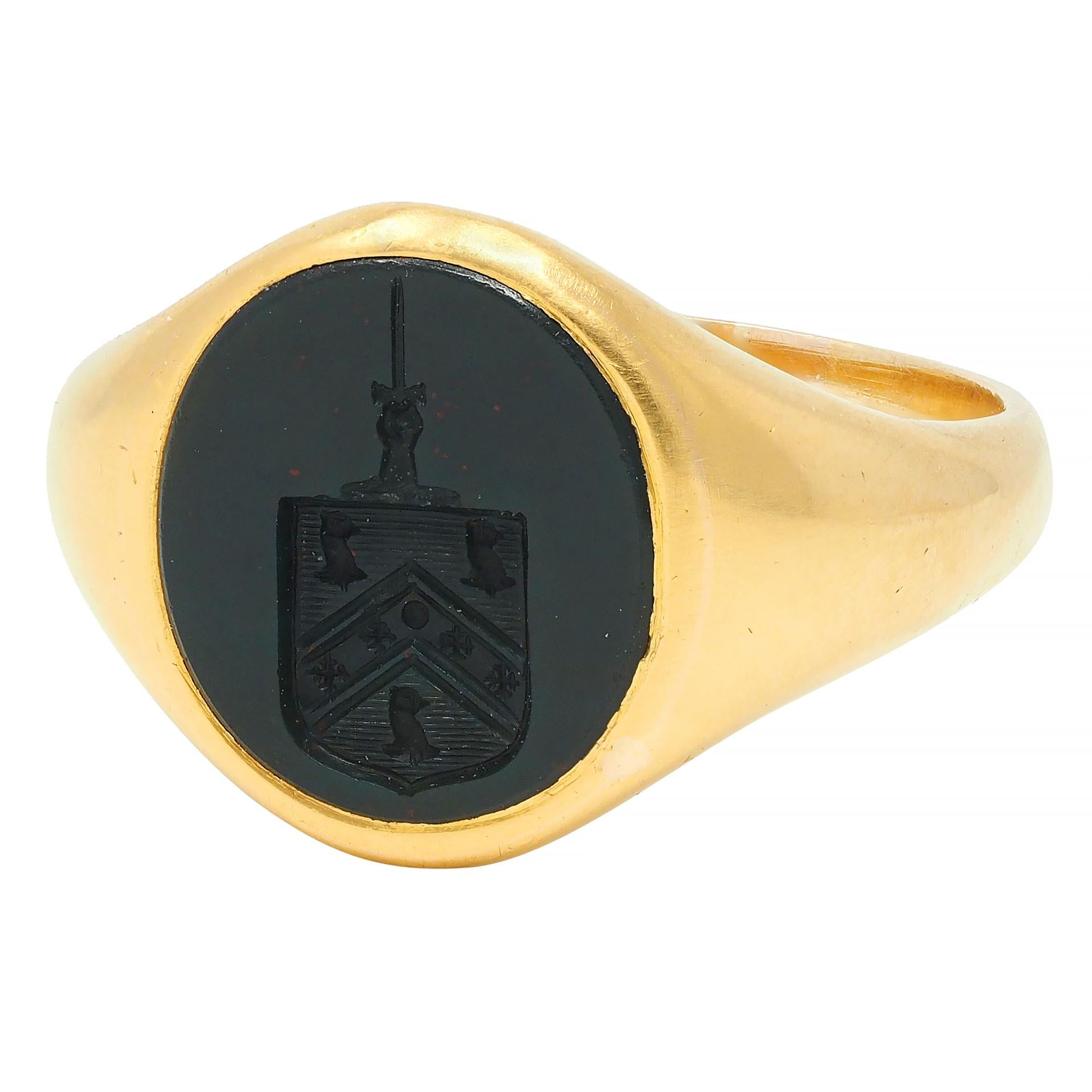 Victorian Bloodstone 18K Yellow Gold Crest Antique Unisex Shield Signet Ring