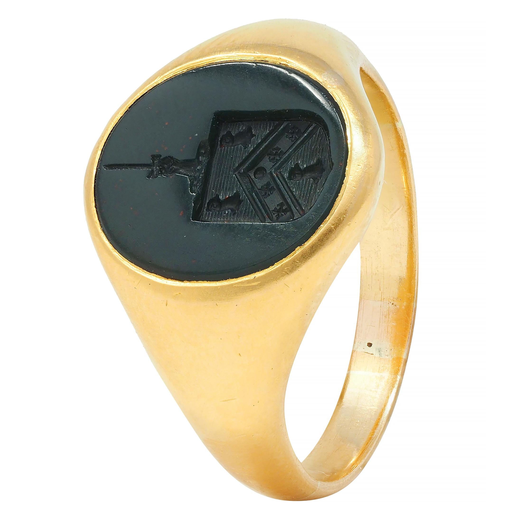 Victorian Bloodstone 18K Yellow Gold Crest Antique Unisex Shield Signet Ring