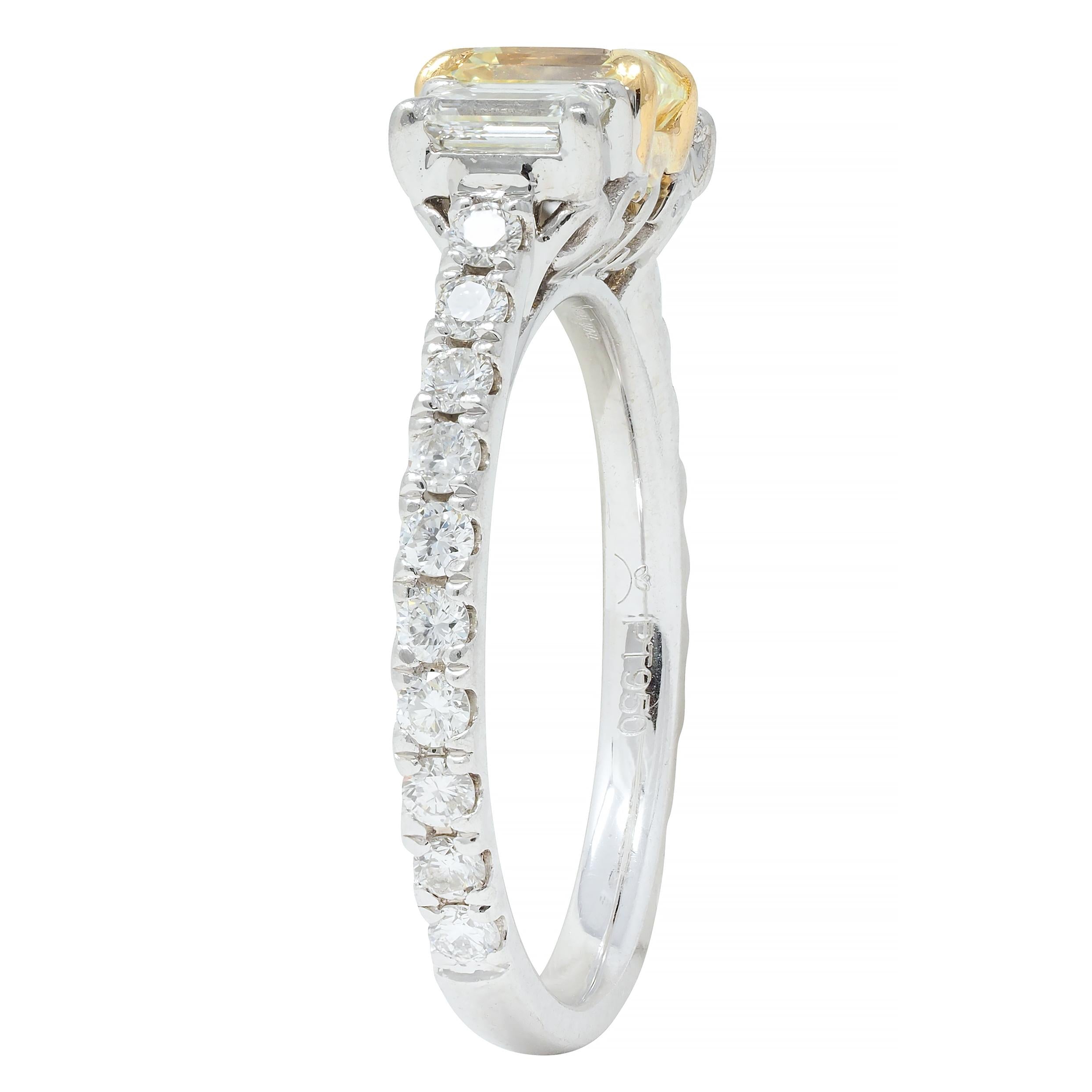 1.61 CTW Fancy Yellow Emerald Cut Diamond Platinum 18K Gold Engagement Ring