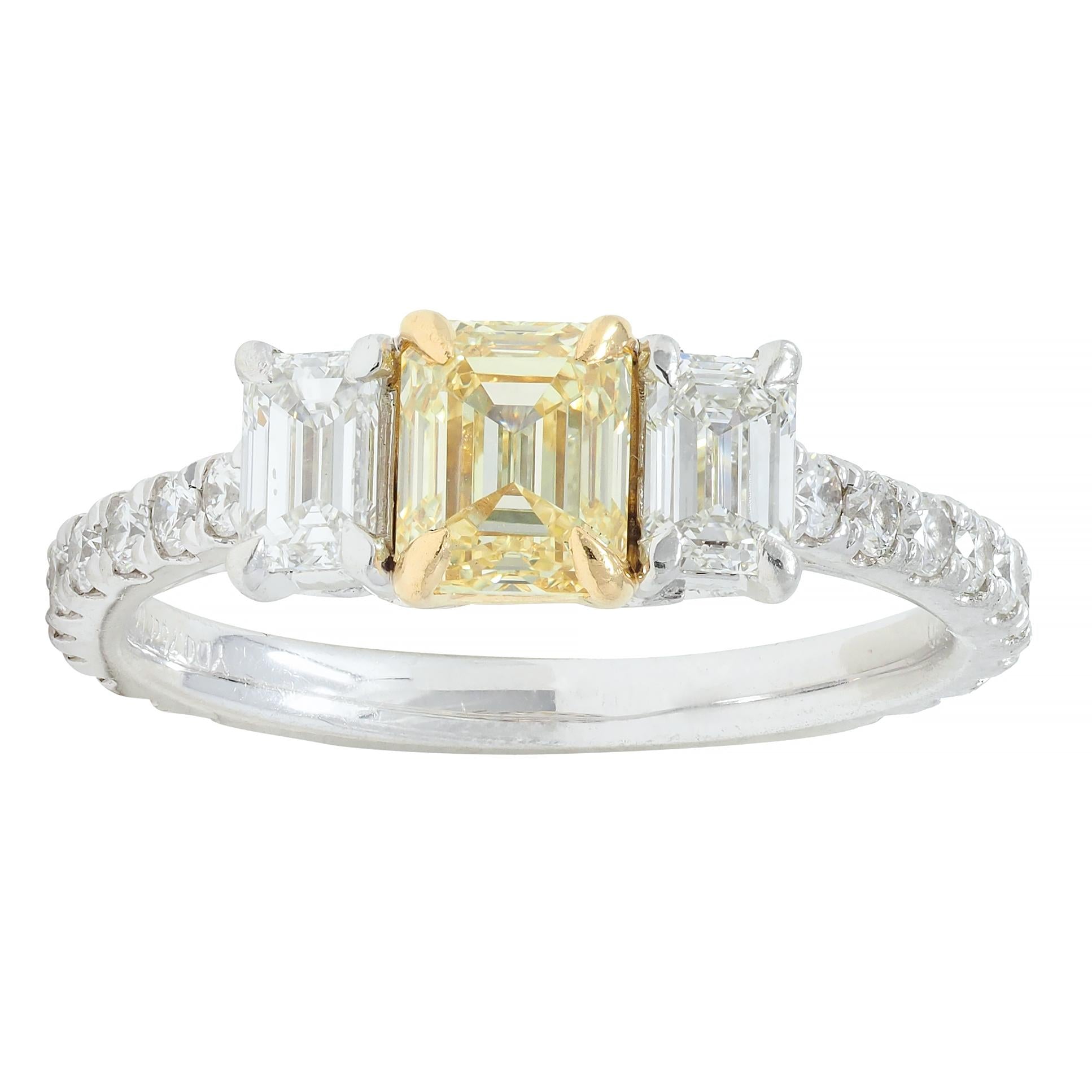 1.61 CTW Fancy Yellow Emerald Cut Diamond Platinum 18K Gold Engagement Ring