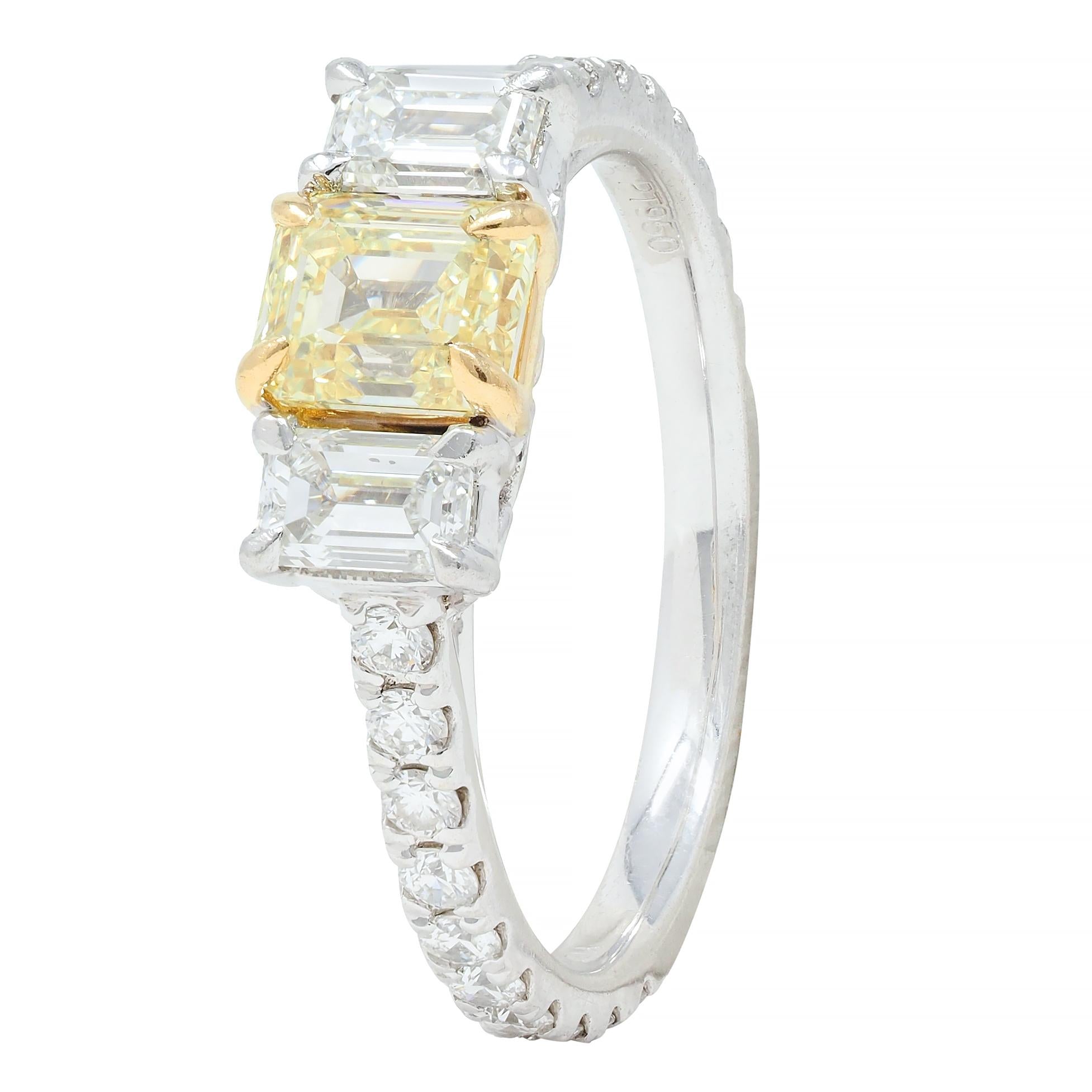 1.61 CTW Fancy Yellow Emerald Cut Diamond Platinum 18K Gold Engagement Ring