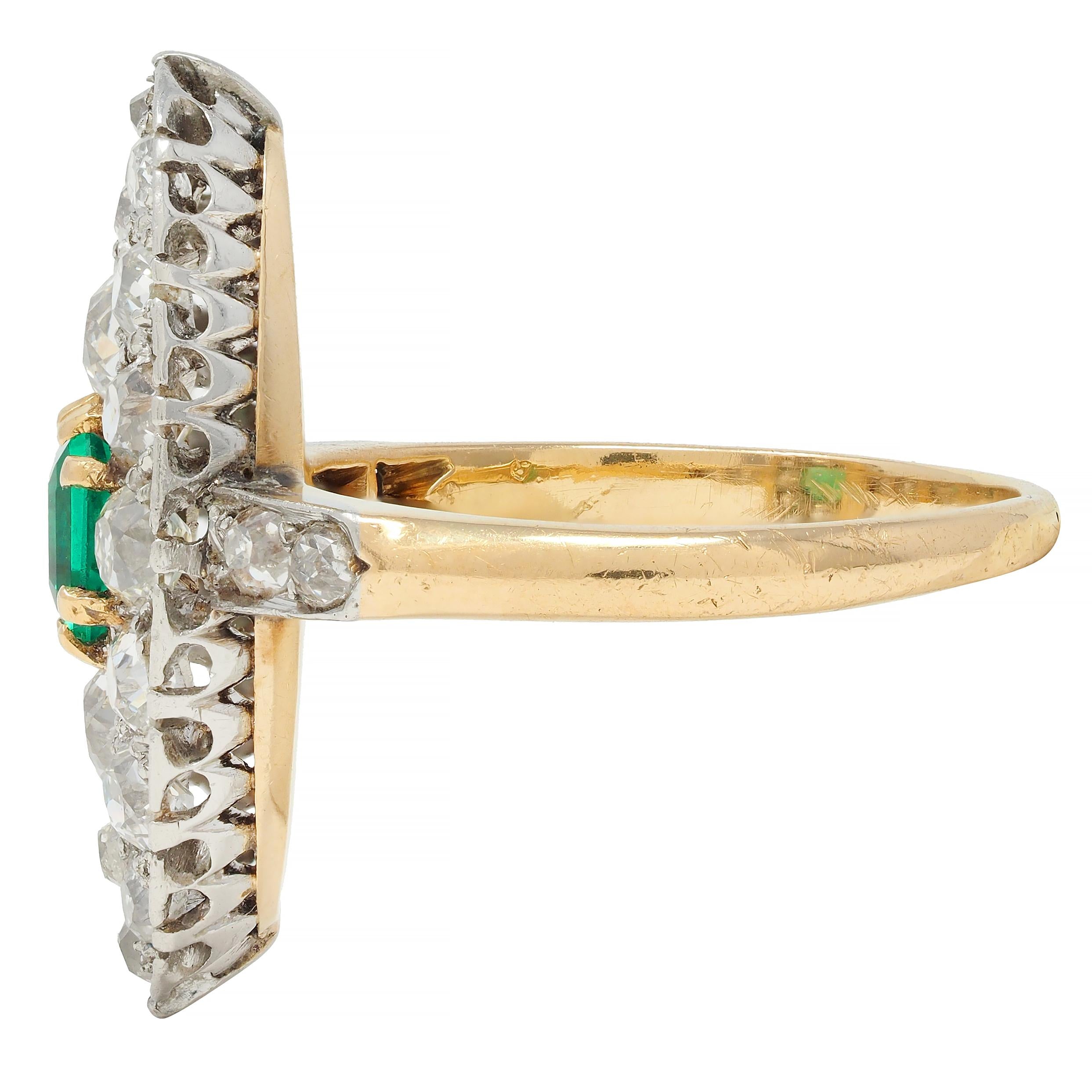 Edwardian French Antique Emerald Diamond Platinum 14 Karat Gold Navette Ring