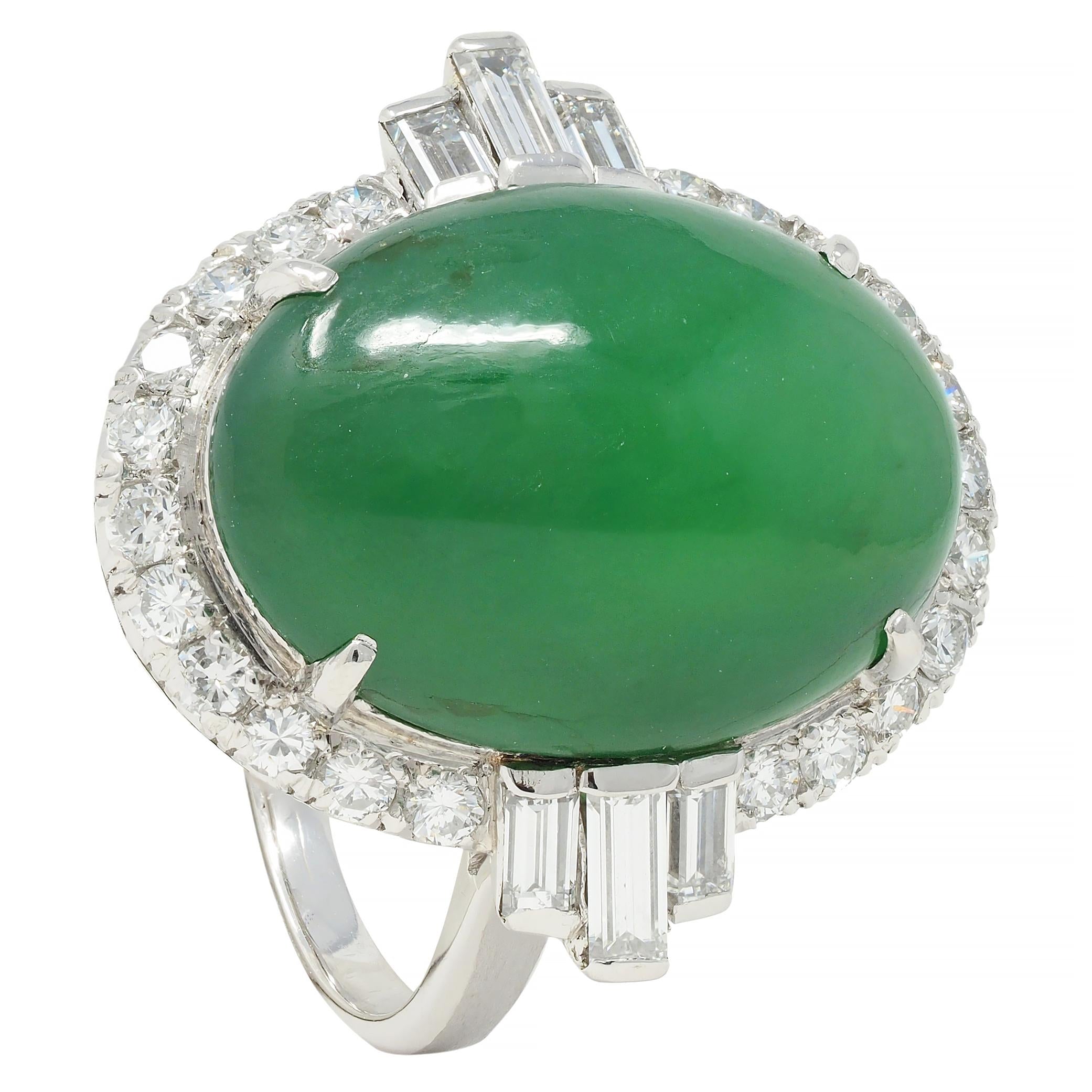 Mid-Century Natural Jadeite Jade Diamond Platinum Vintage Halo Ring GIA