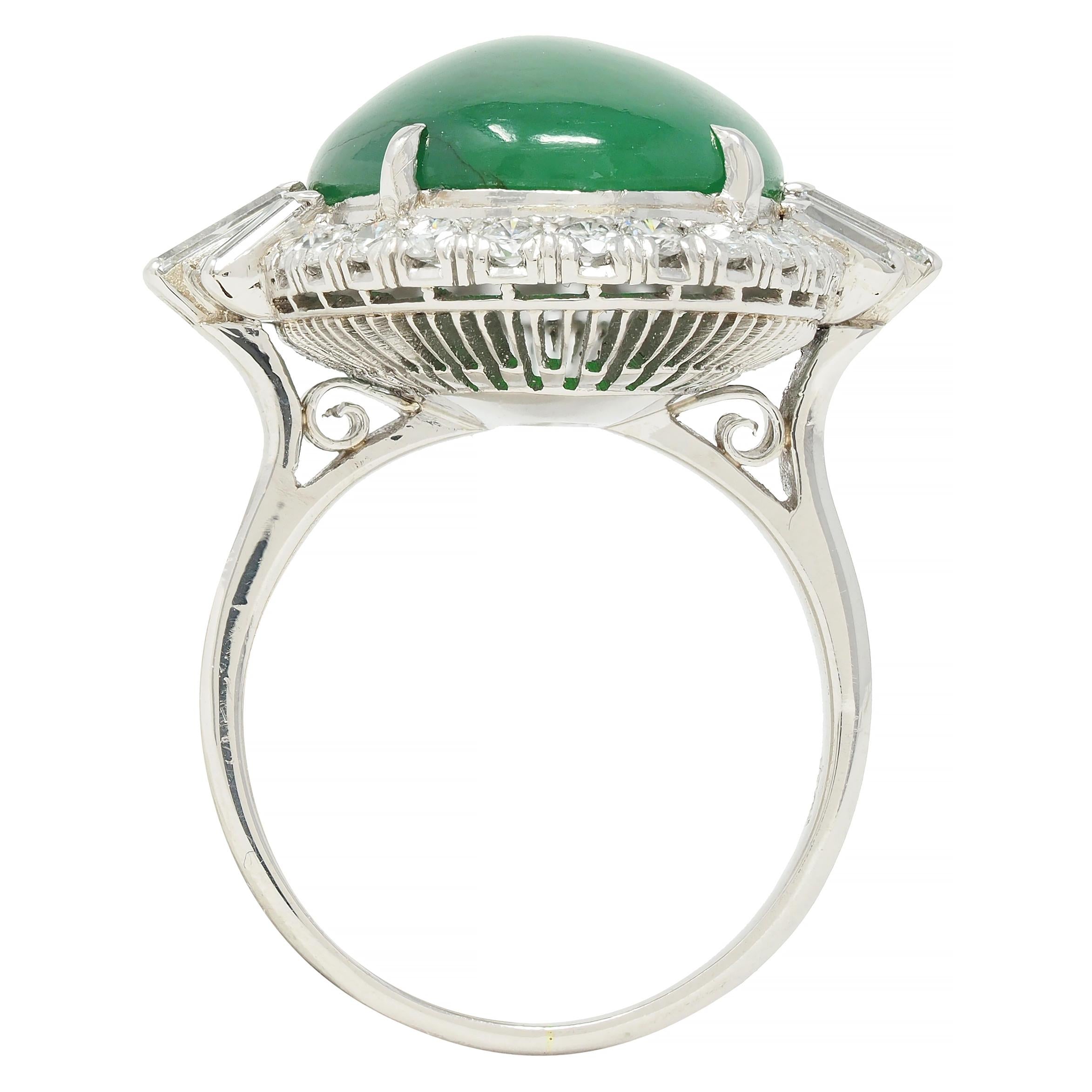 Mid-Century Natural Jadeite Jade Diamond Platinum Vintage Halo Ring GIA