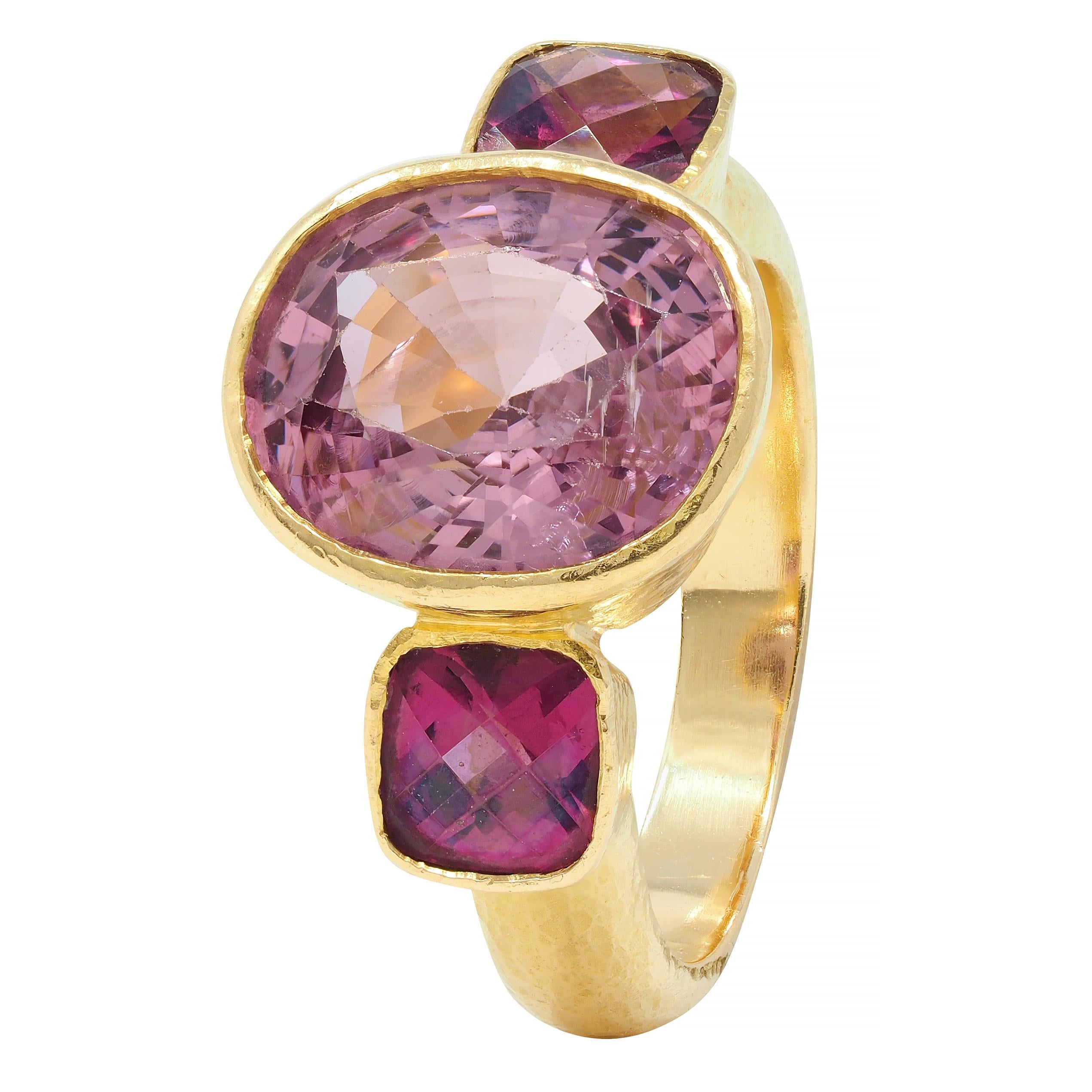 Elizabeth Locke Spinel Rhodolite Garnet 19 Karat Hammered Gold Gemstone Ring