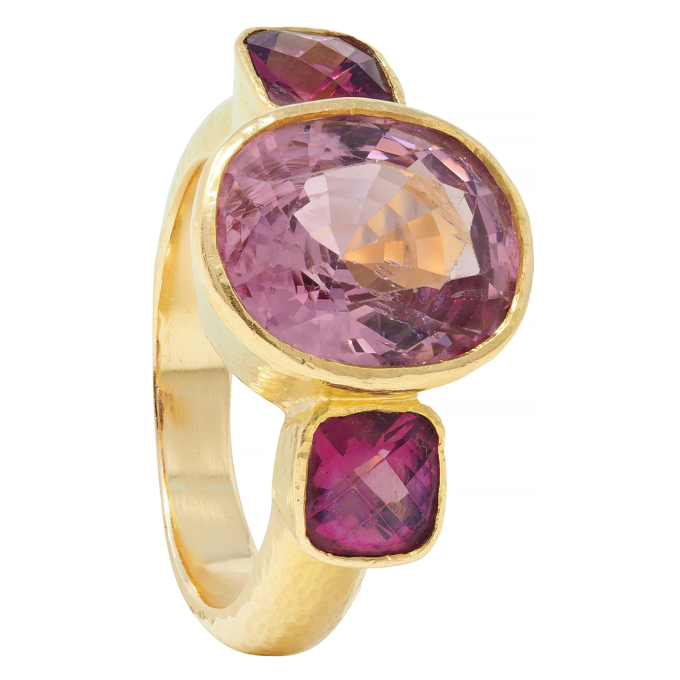 Elizabeth Locke Spinel Rhodolite Garnet 19 Karat Hammered Gold Gemstone Ring