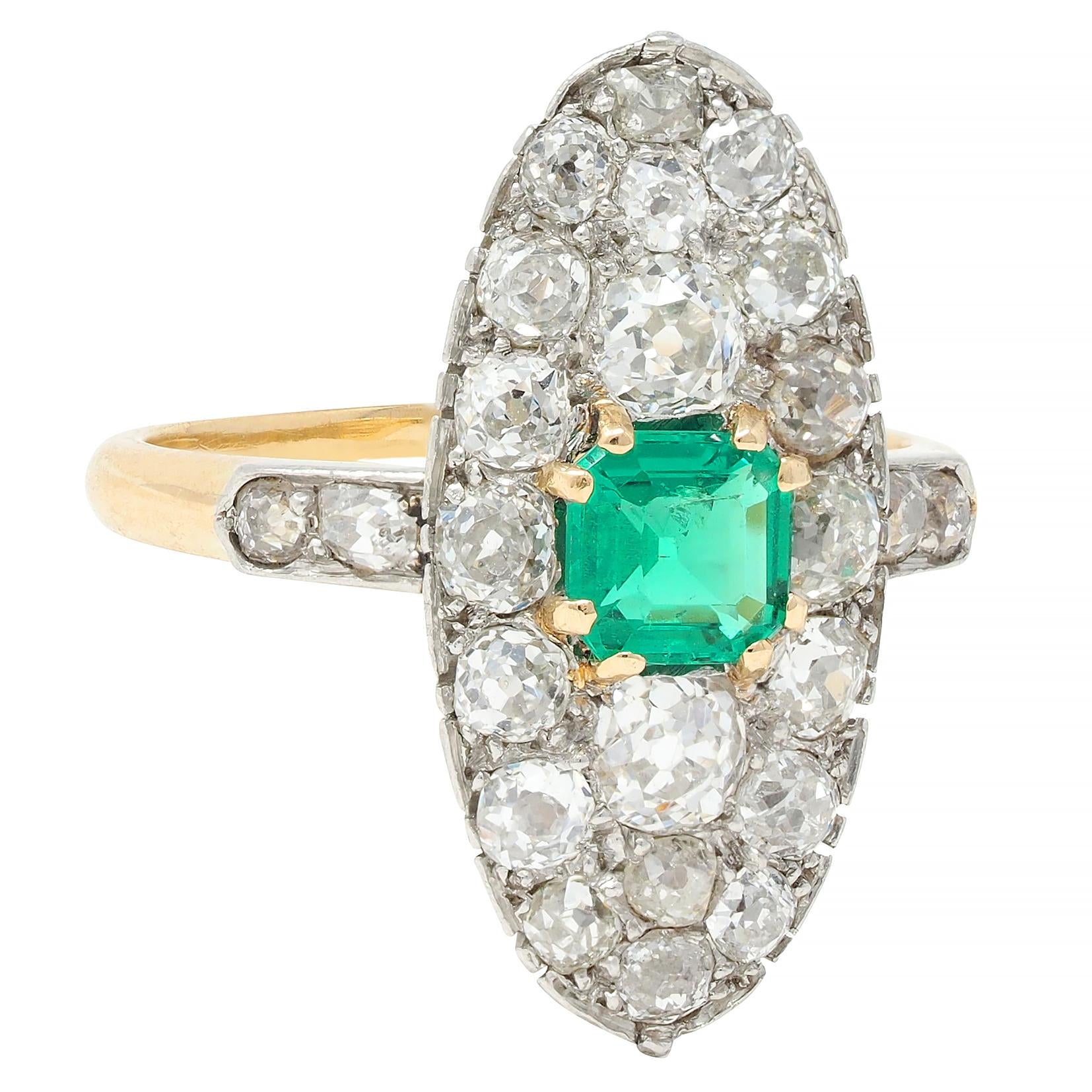 Edwardian French Antique Emerald Diamond Platinum 14 Karat Gold Navette Ring