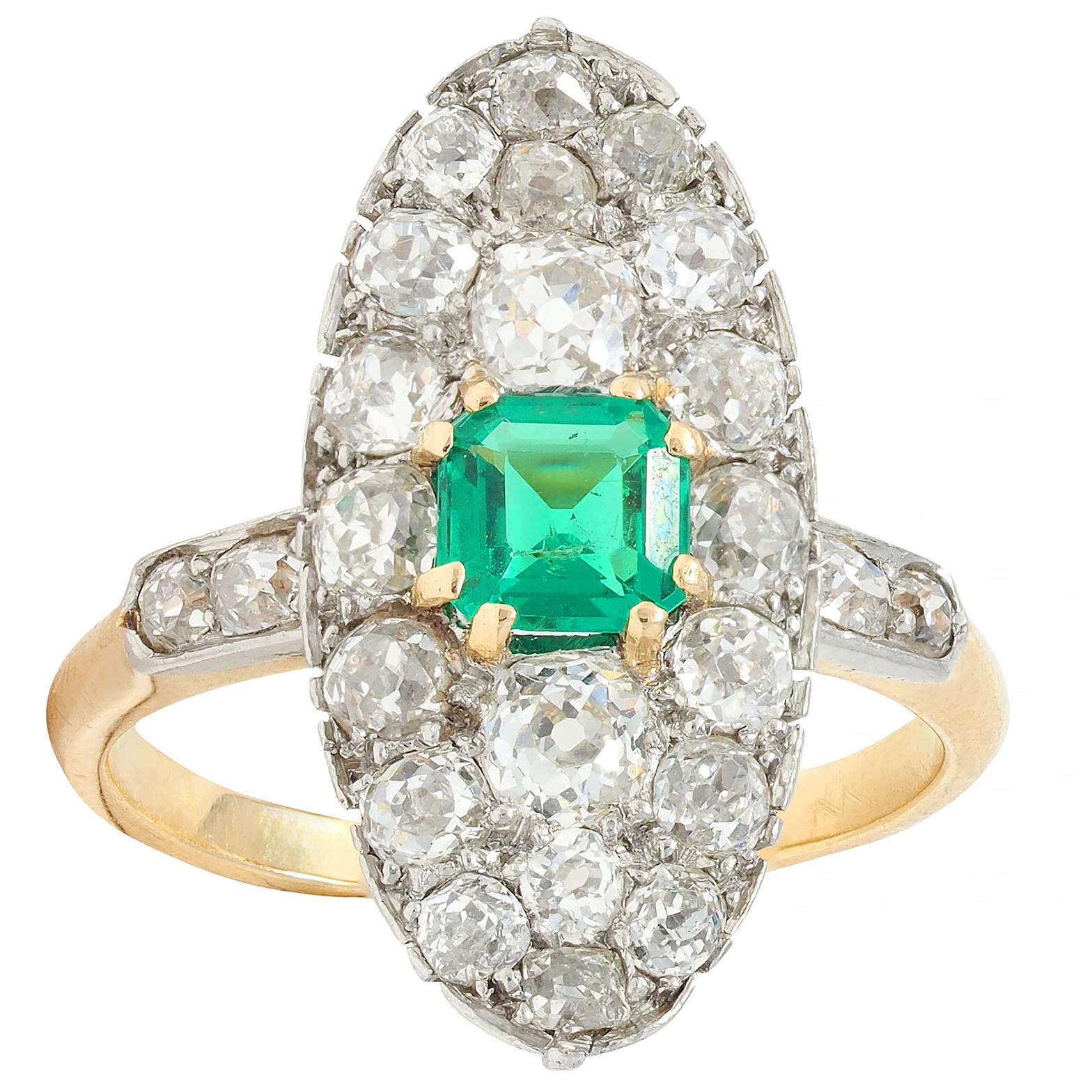 Edwardian French Antique Emerald Diamond Platinum 14 Karat Gold Navette Ring