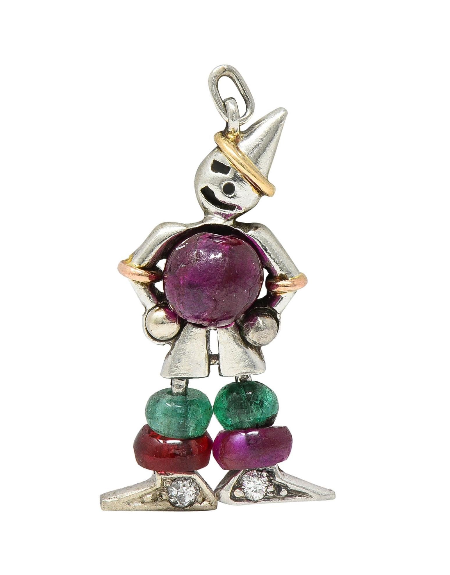 Art Deco Ruby Emerald Diamond Platinum 14 Karat Gold Vintage Clown Charm