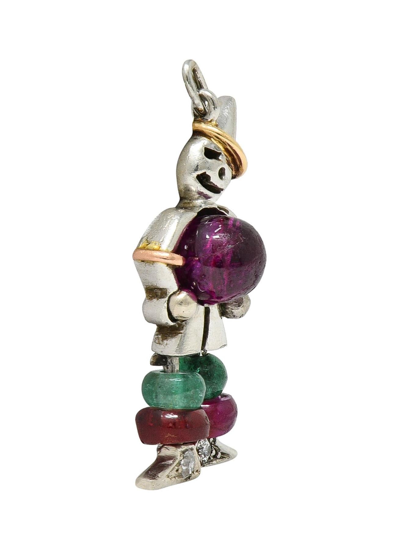 Art Deco Ruby Emerald Diamond Platinum 14 Karat Gold Vintage Clown Charm