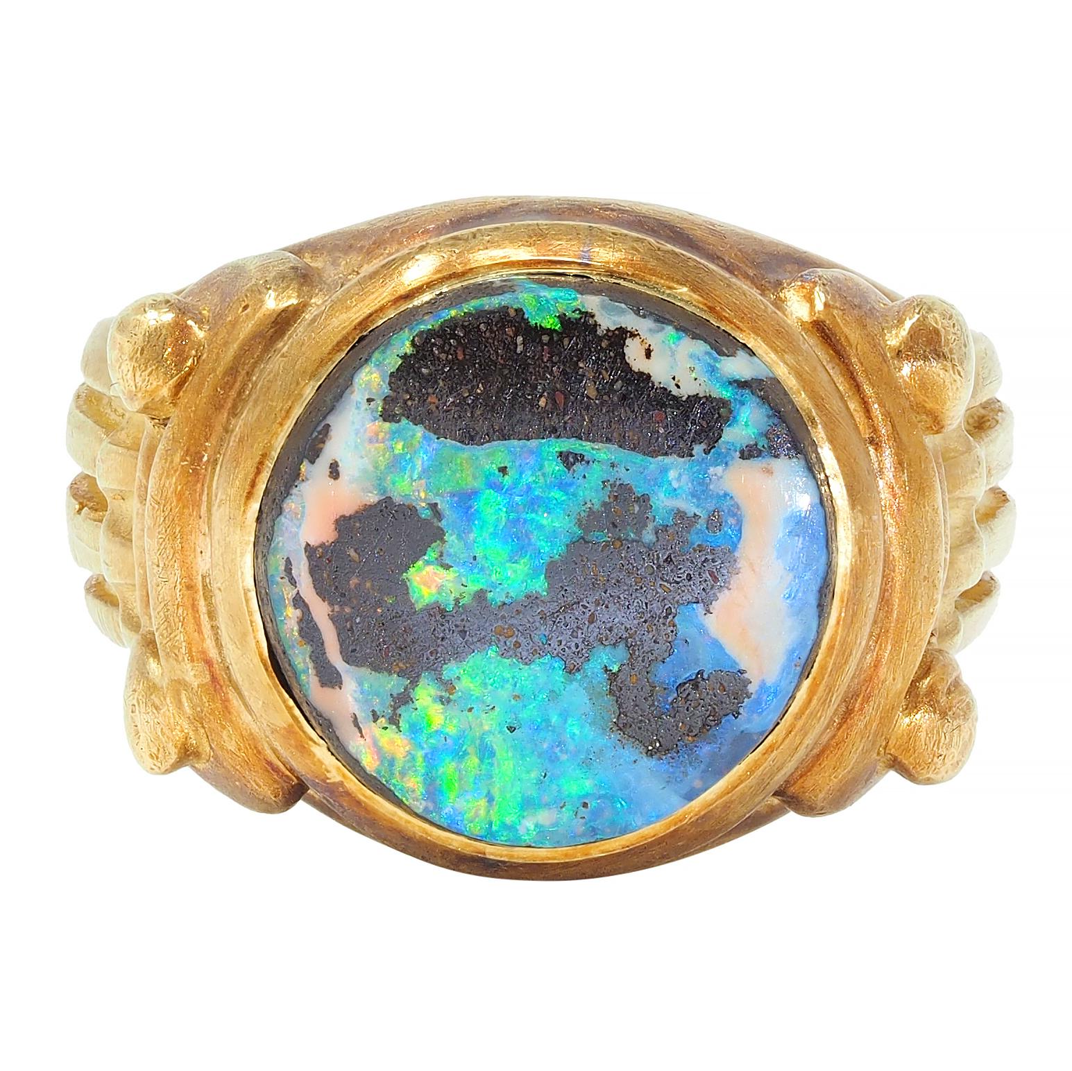 Vintage Boulder Opal 18 Karat Yellow Gold Neoclassical Greek Column Signet Ring