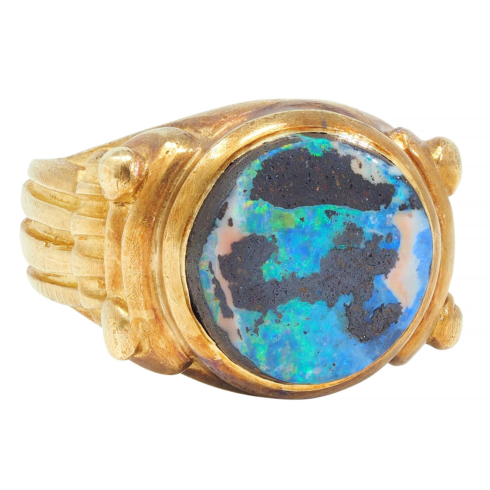 Vintage Boulder Opal 18 Karat Yellow Gold Neoclassical Greek Column Signet Ring