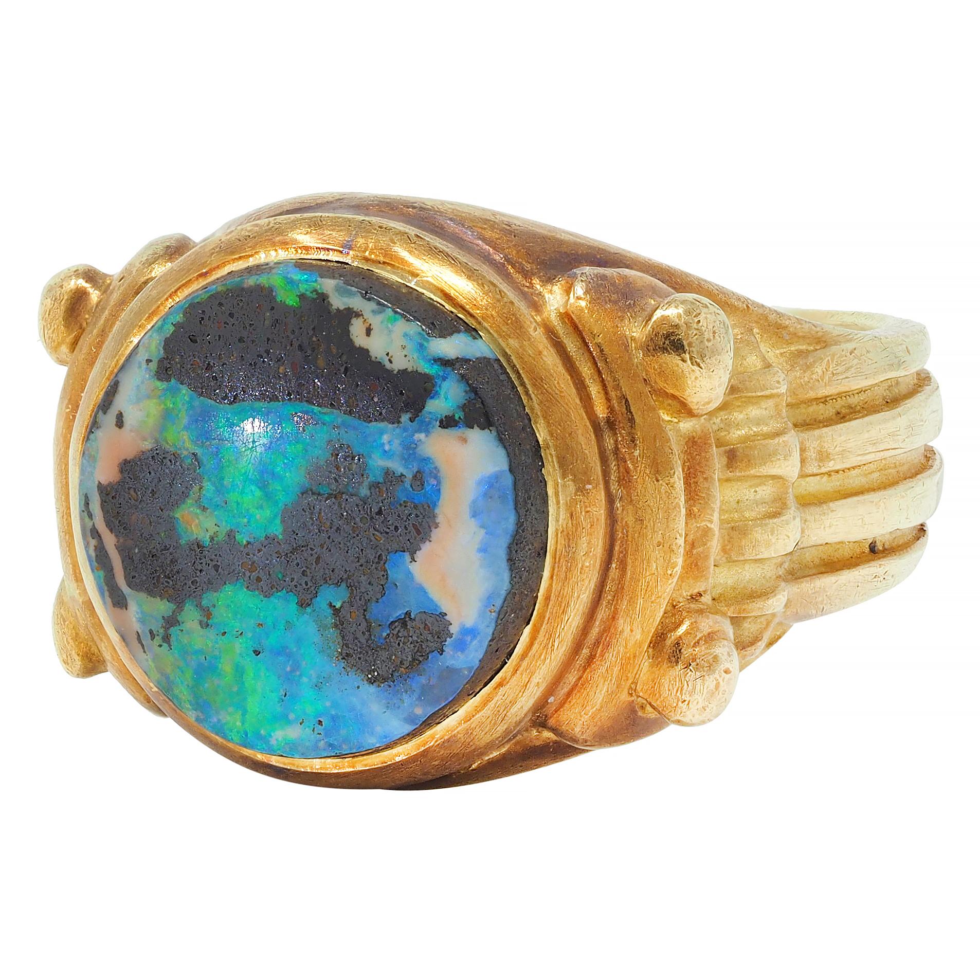 Vintage Boulder Opal 18 Karat Yellow Gold Neoclassical Greek Column Signet Ring