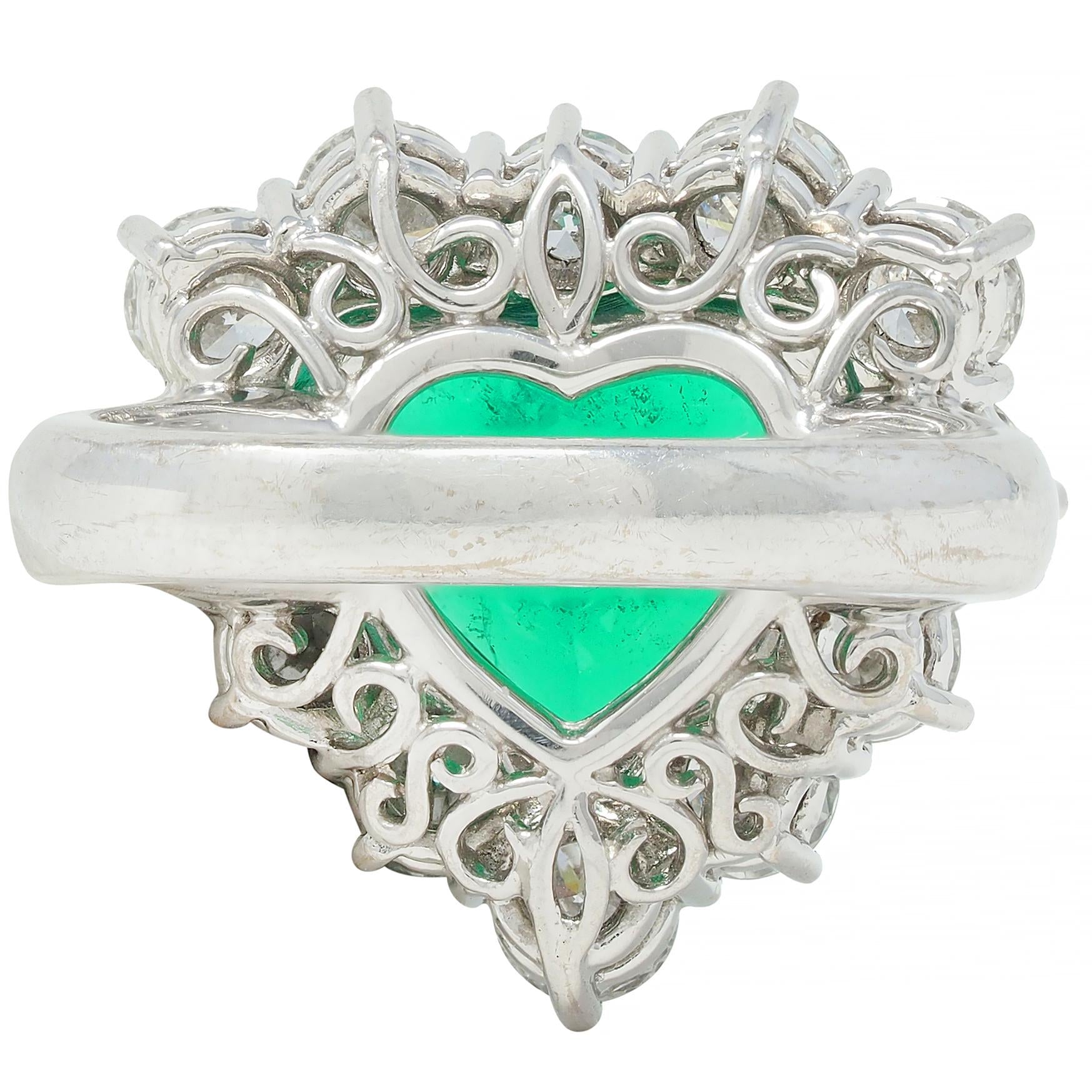 Contemporary 7.00 CTW Colombian Emerald Diamond 18 Karat Gold Heart Halo Ring