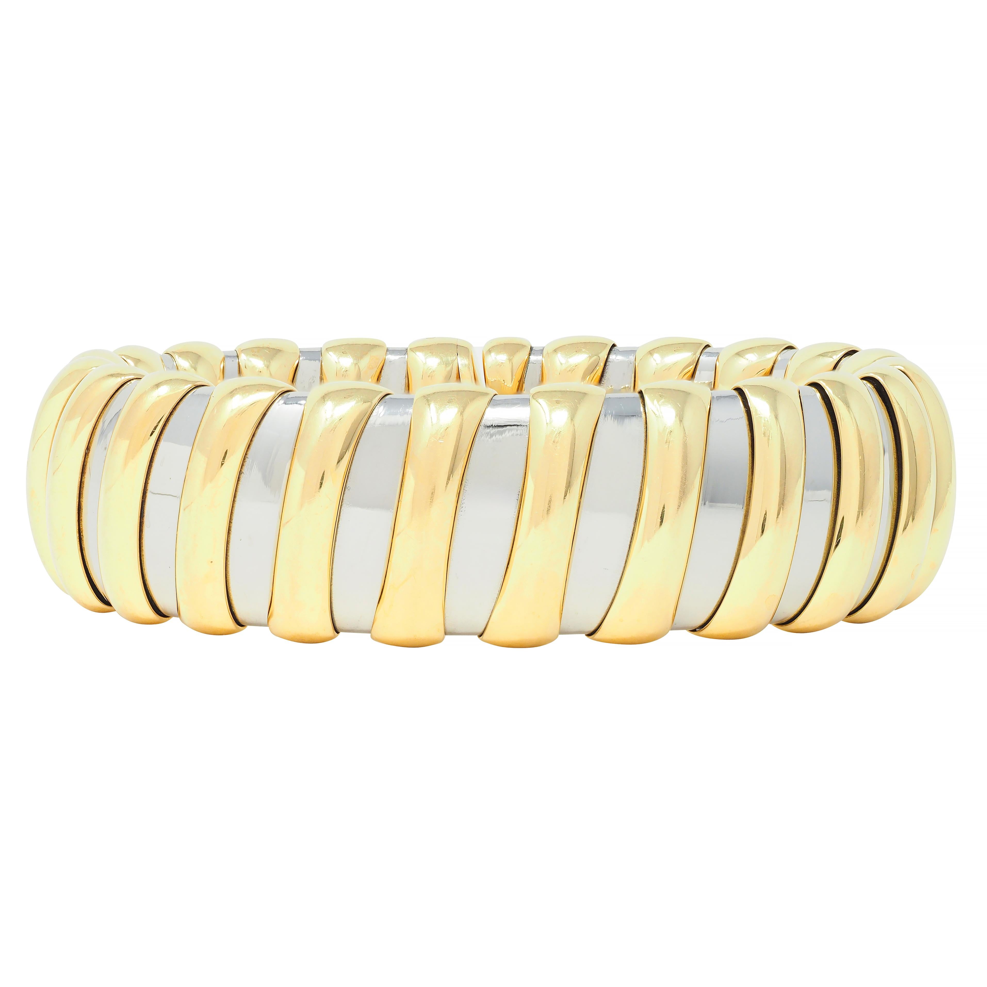 Bulgari 1990s 18 Karat Yellow Gold Stainless Steel Tubogas Vintage Cuff Bracelet