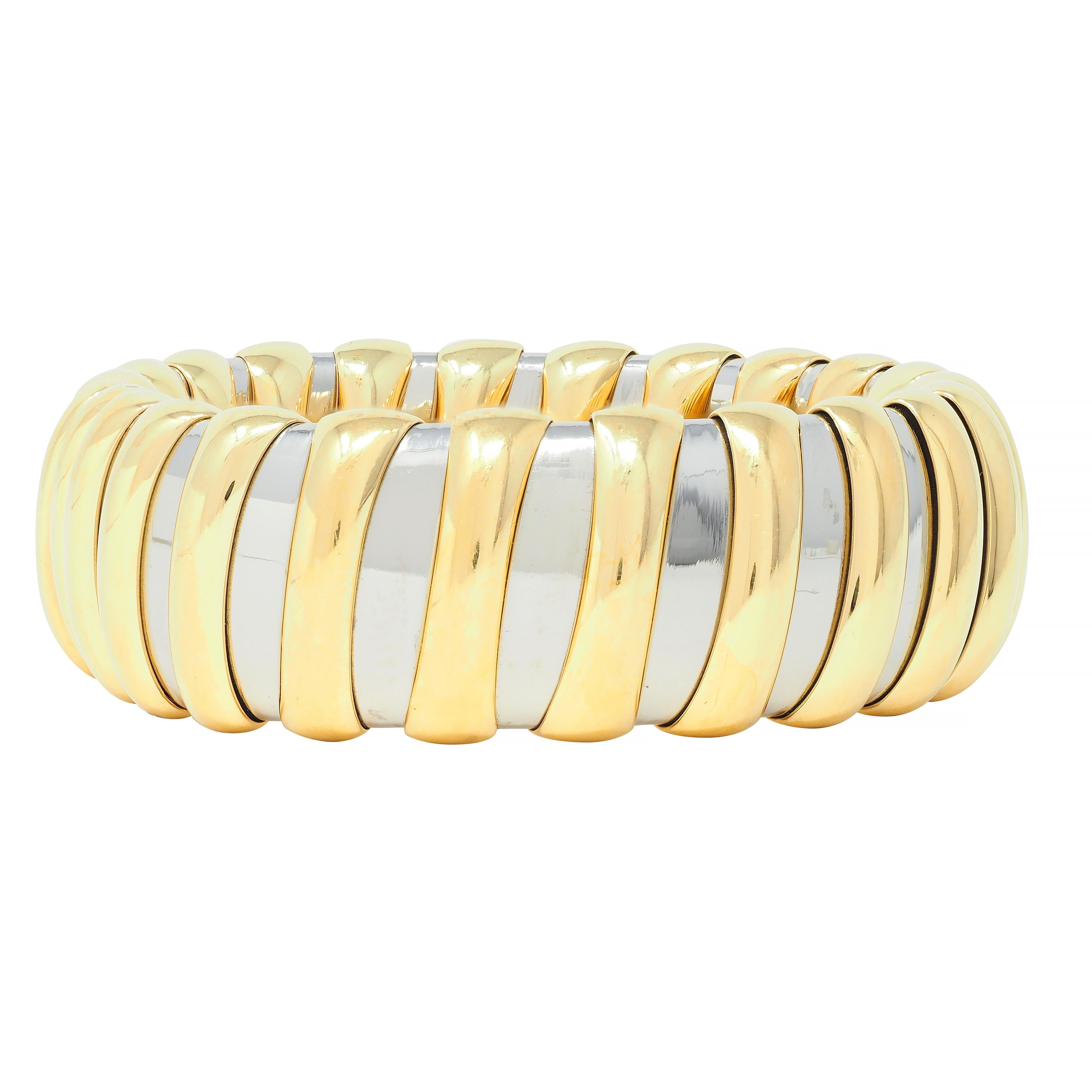 Bulgari 1990s 18 Karat Yellow Gold Stainless Steel Tubogas Vintage Cuff Bracelet