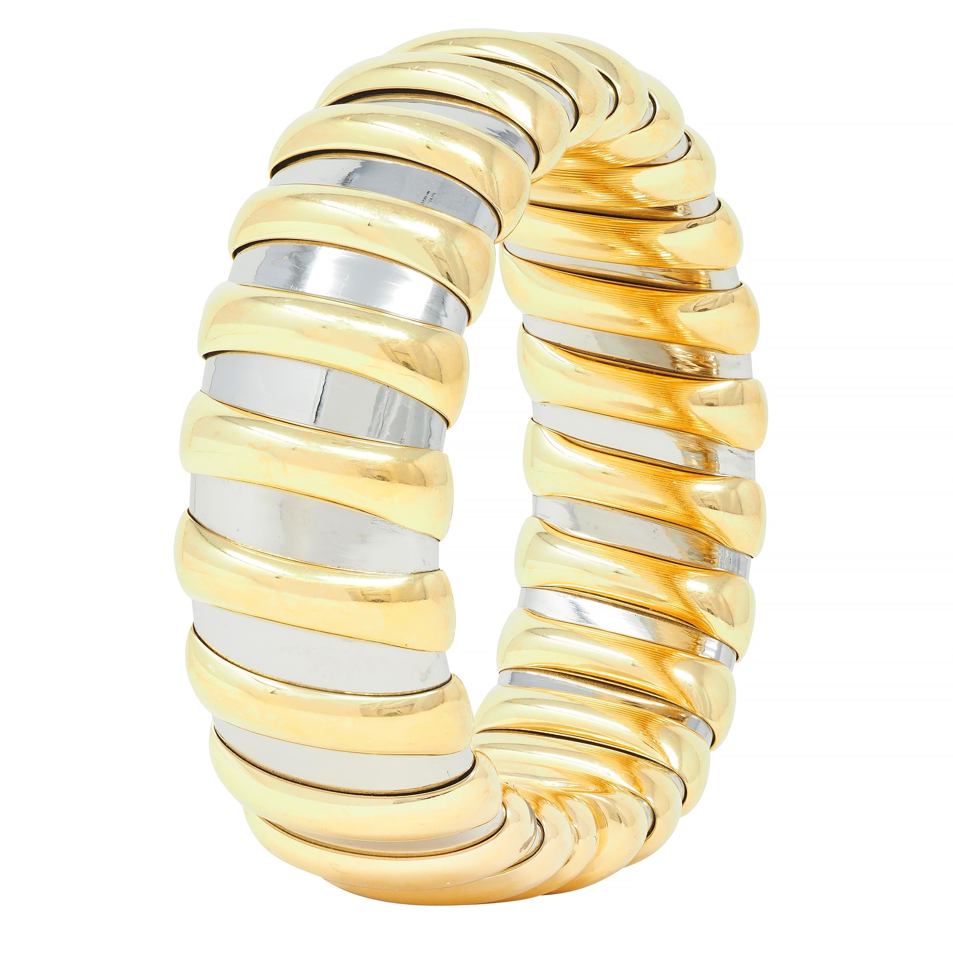 Bulgari 1990s 18 Karat Yellow Gold Stainless Steel Tubogas Vintage Cuff Bracelet