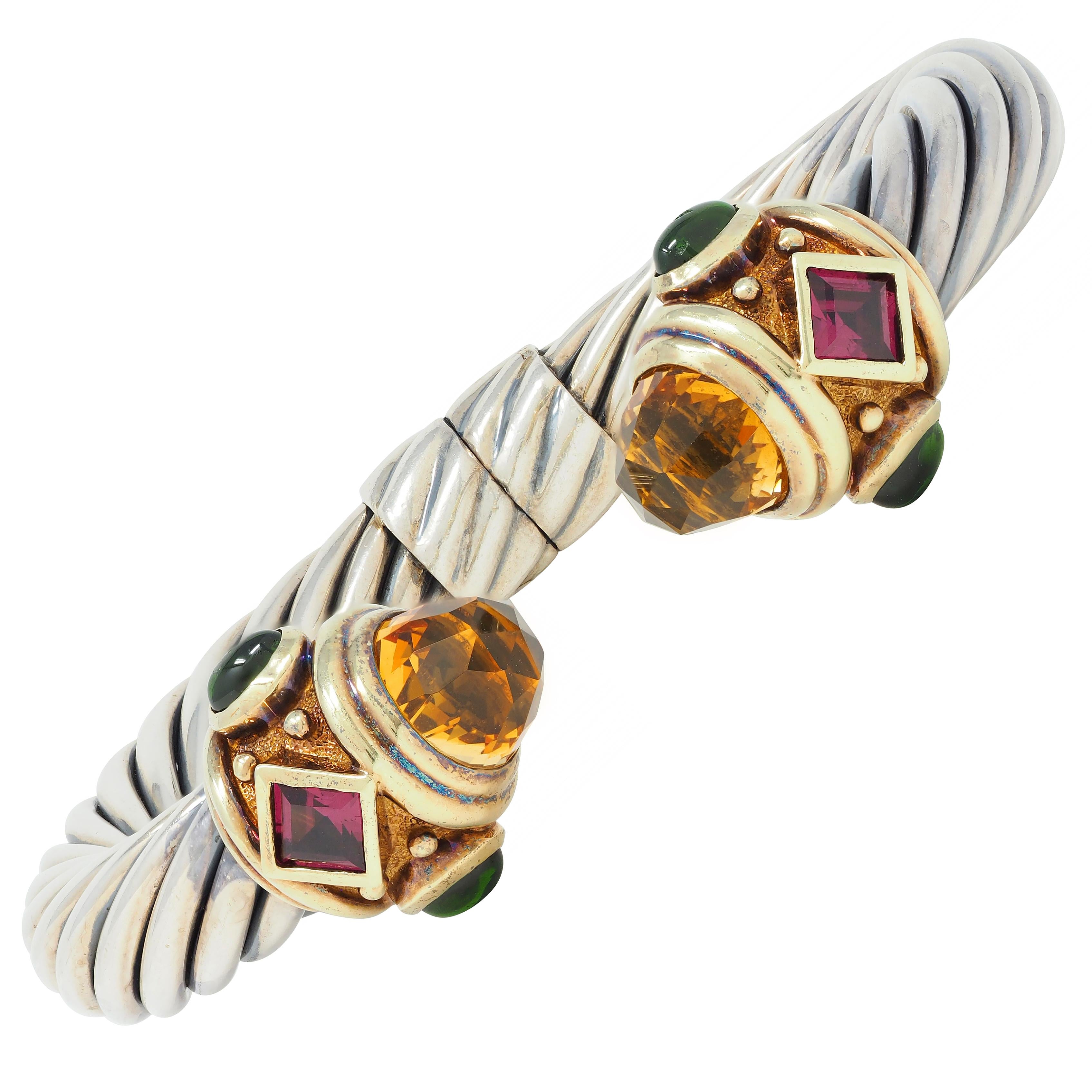 David Yurman Tourmaline Citrine 14 Karat Gold Silver Renaissance Cuff Bracelet