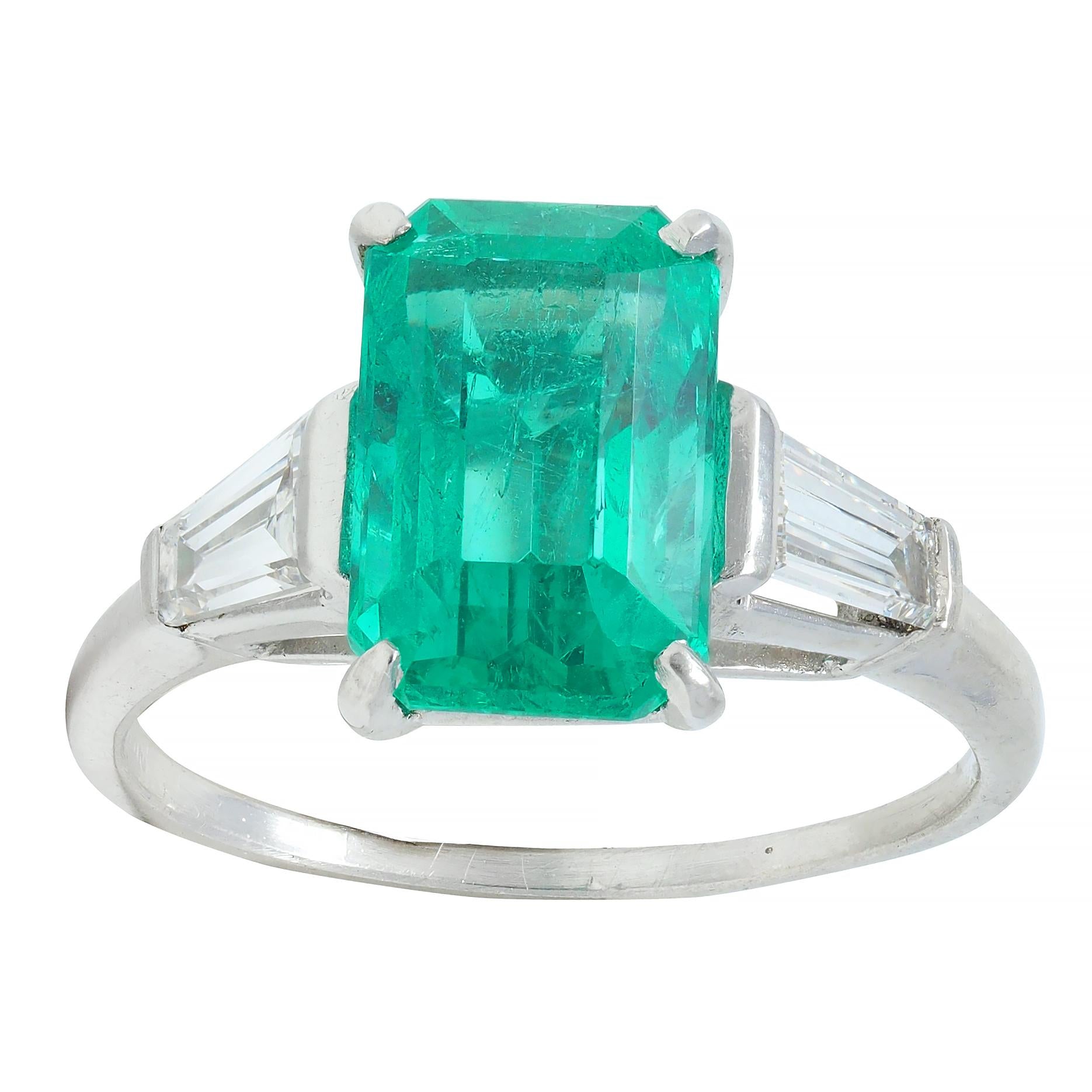 Mid-Century 3.43 CTW Colombian Emerald Diamond Platinum Three Stone Vintage Ring